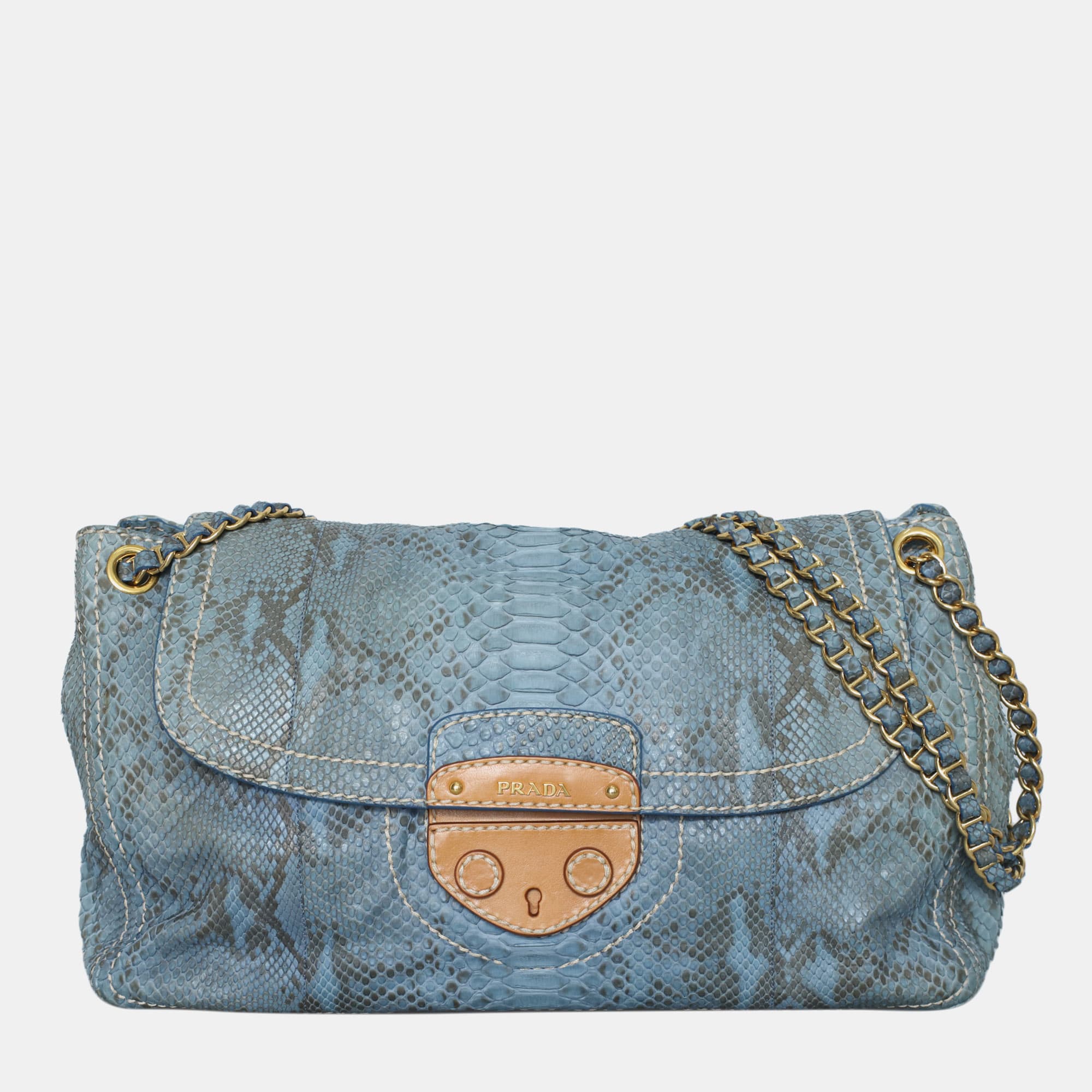 Prada Delave Flap Blue Python Leather Shoulder Bag