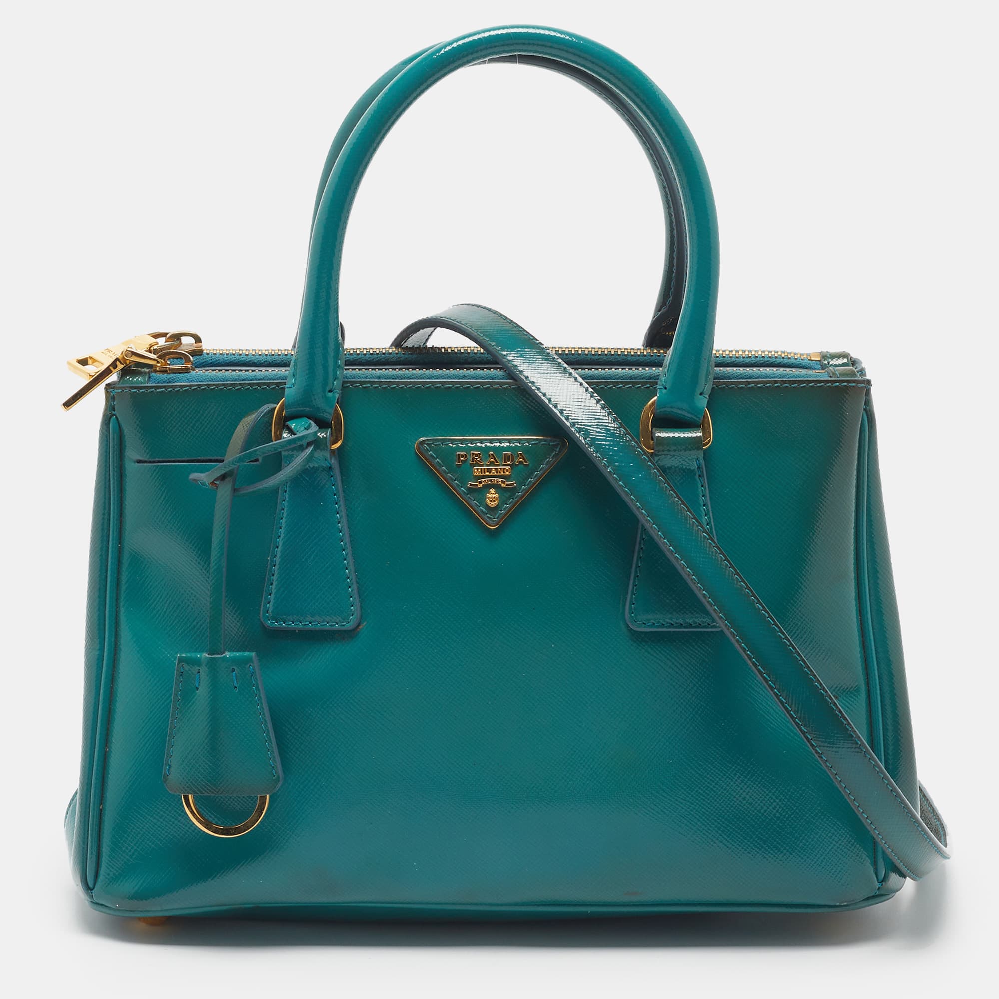 Prada Double Zip Small Green Vernice Leather Tote