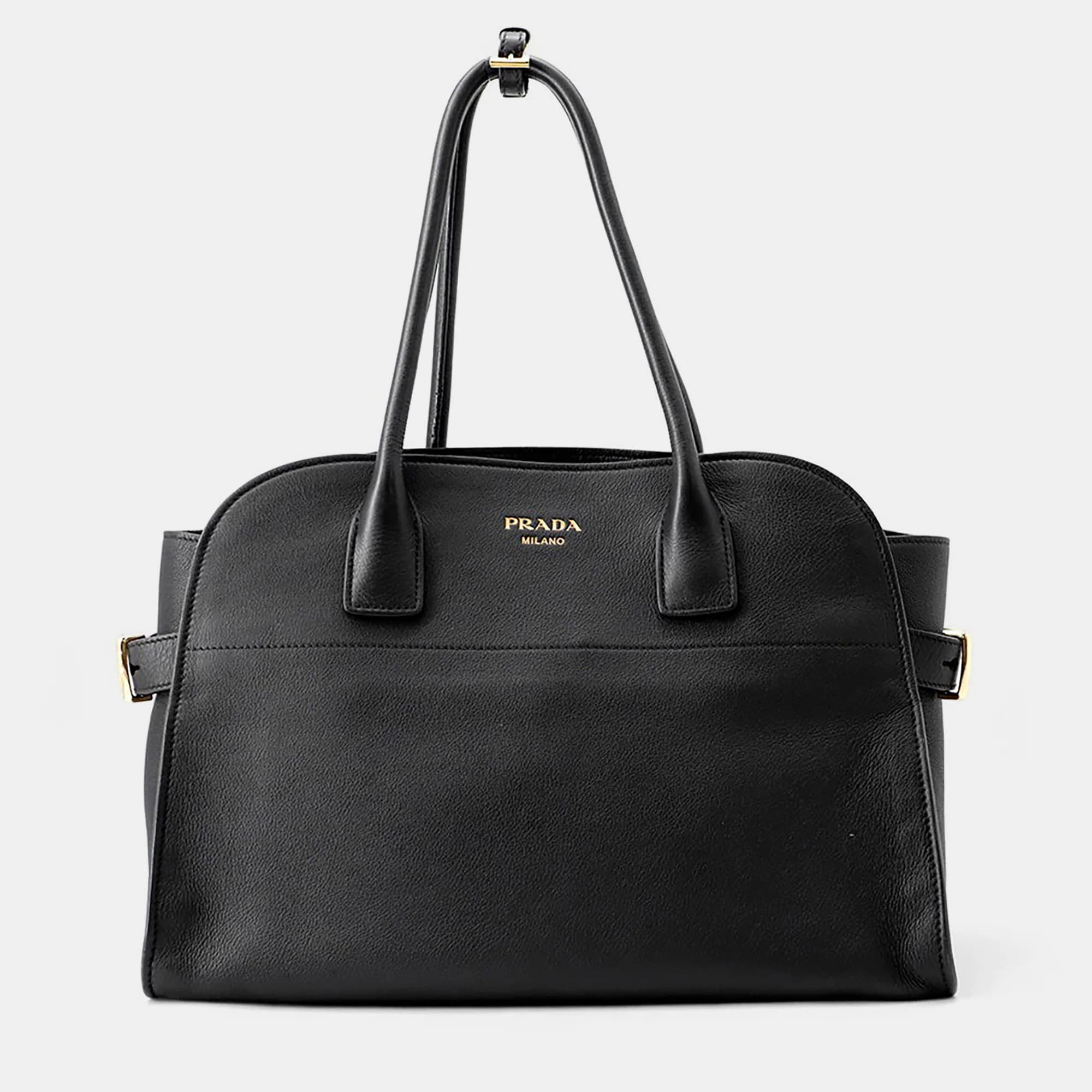 Prada Logo Tote Small Black Grained Calfskin Leather Top Handle Bag