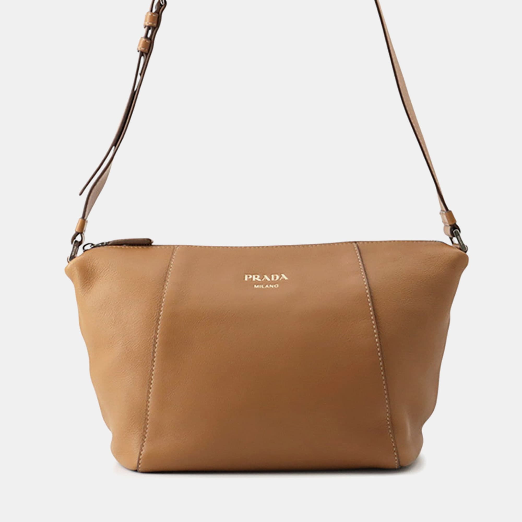 Prada Logo Medium Brown Leather Shoulder Bag