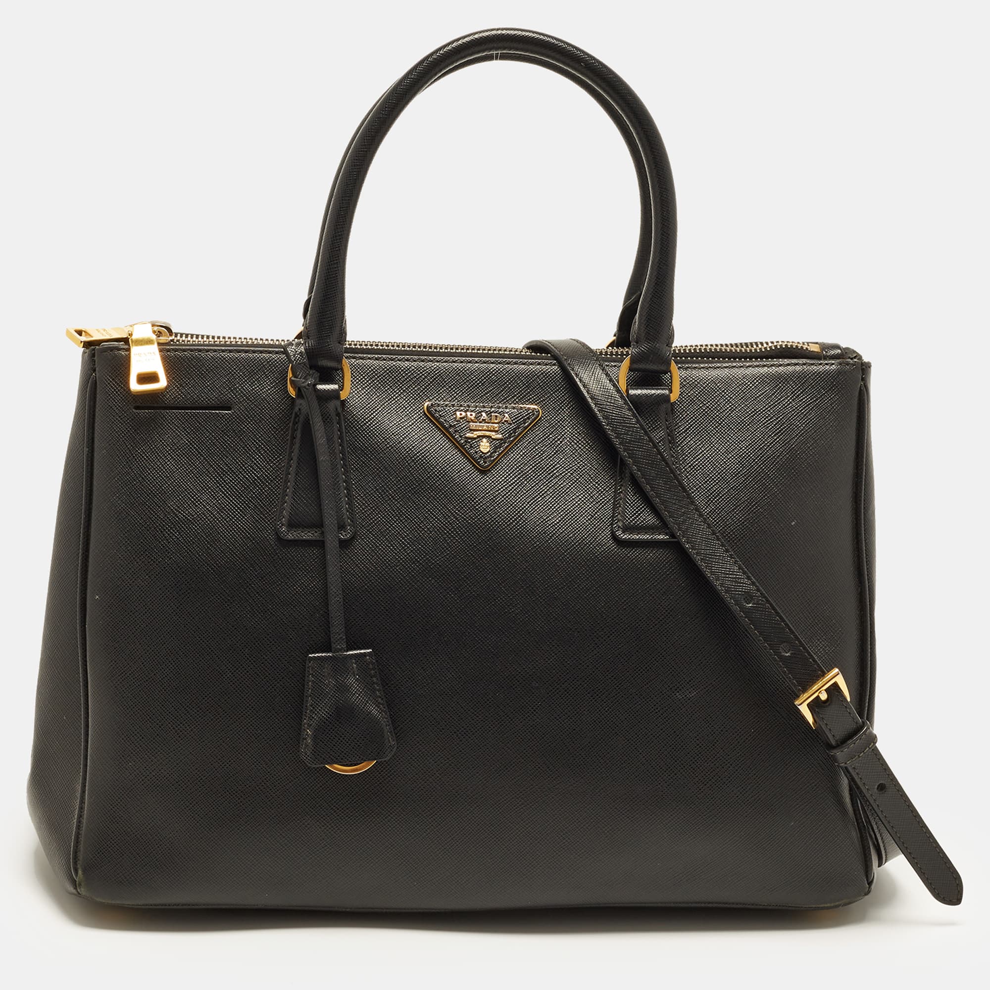 Prada Galleria Double Zip Medium Black Saffiano Lux Leather Tote