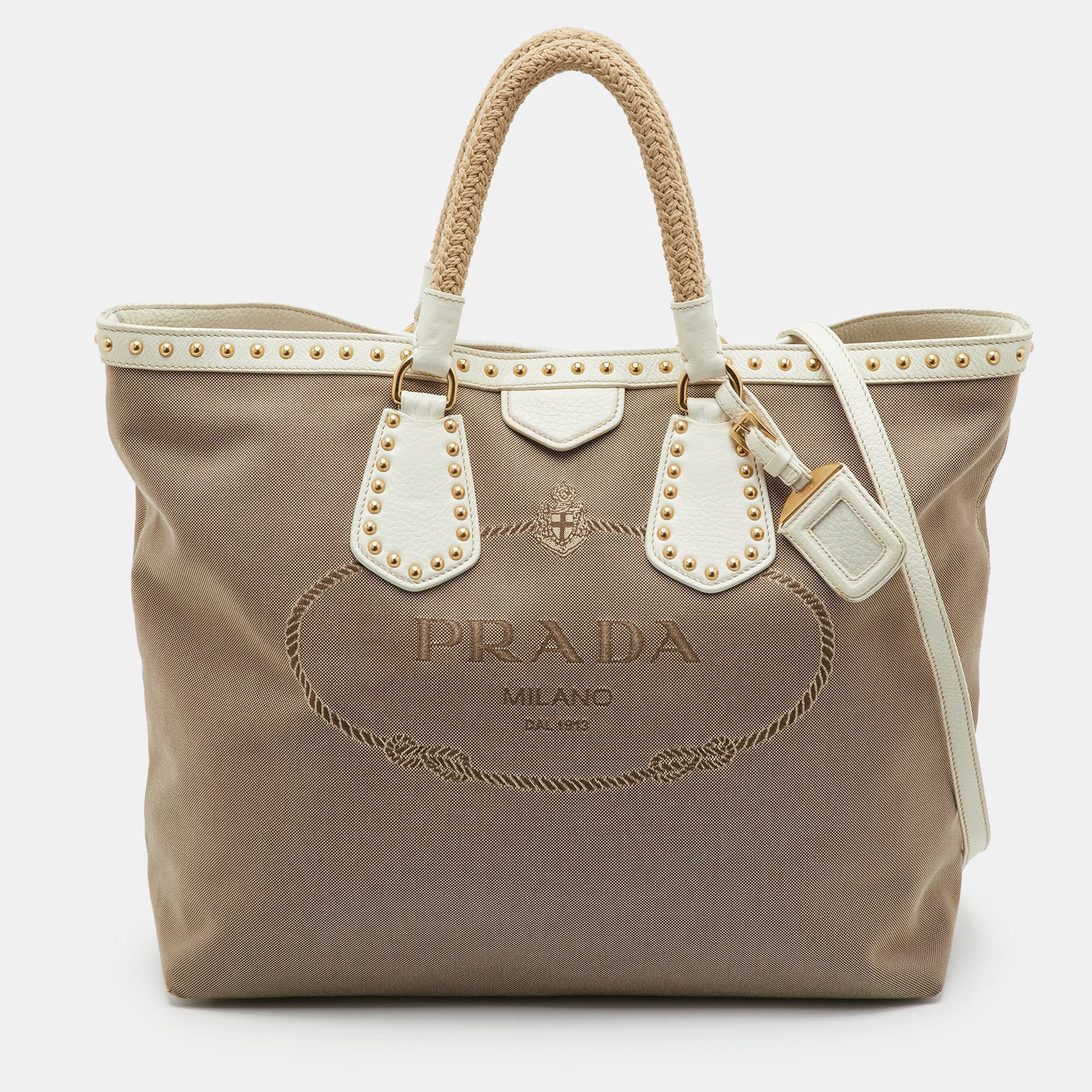 Prada Canapa Beige/White Canvas and Leather Studded Tote