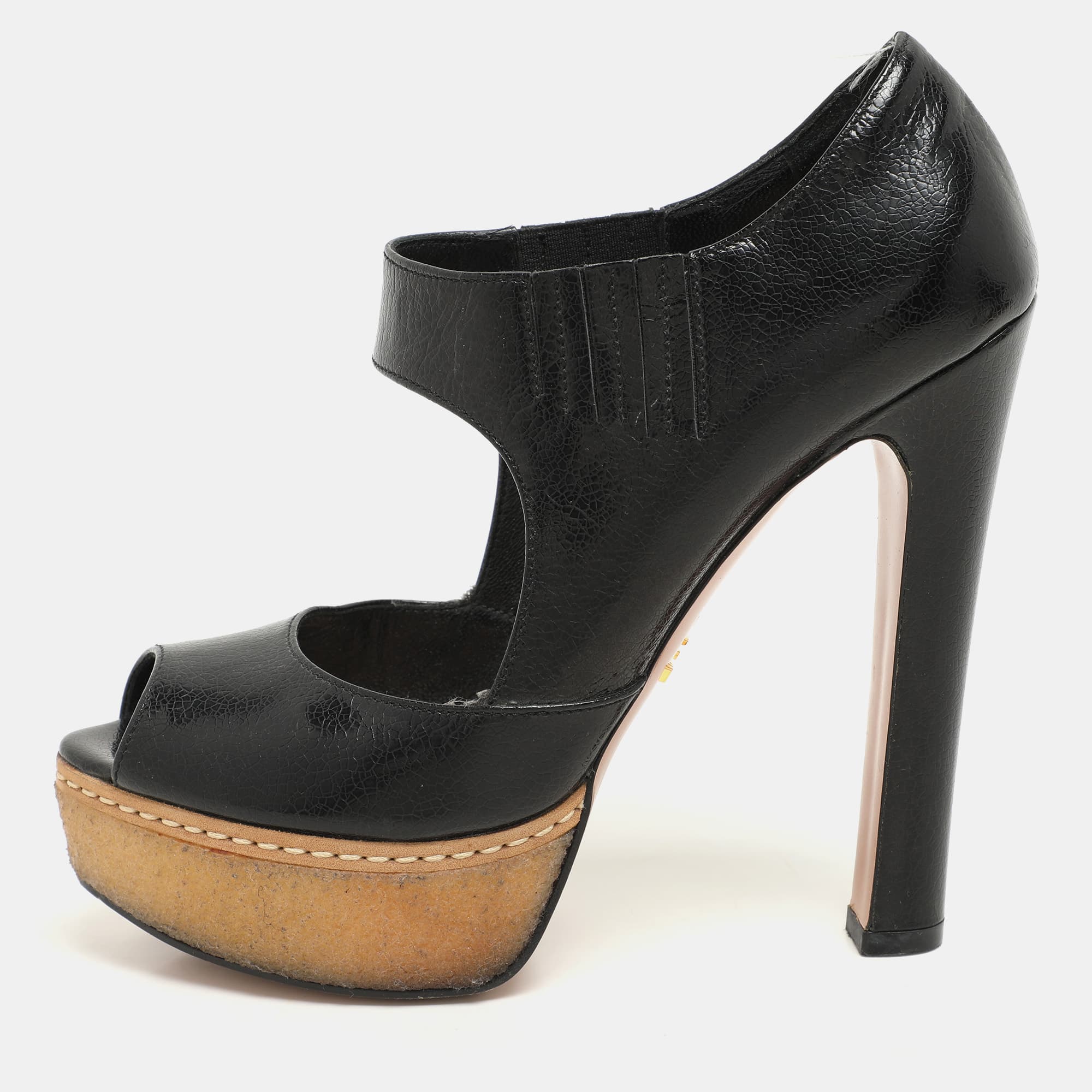 Prada Black Crackled Leather Mary Jane Platform Pumps Size 36.5