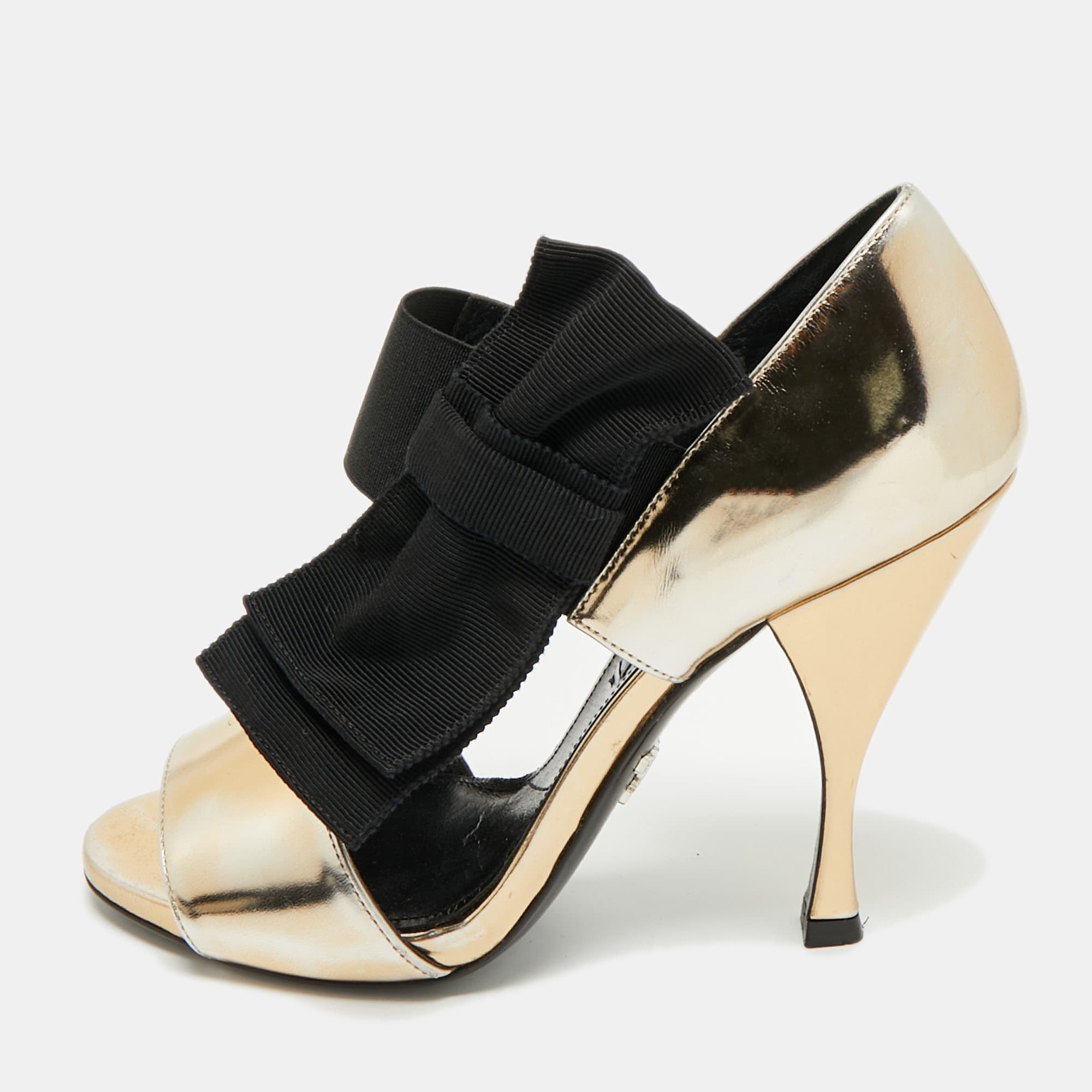 Prada Gold/Black Leather and Grosgrain Bow Ankle Strap Sandals Size 36.5