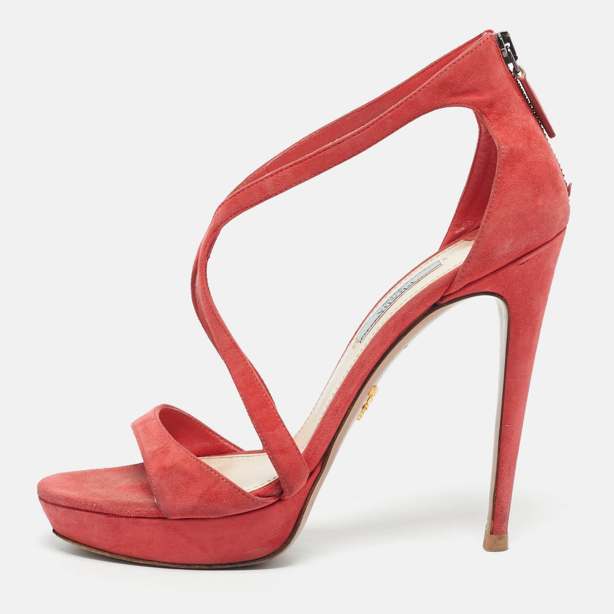 Prada Coral Orange Suede Strappy Sandals Size 38