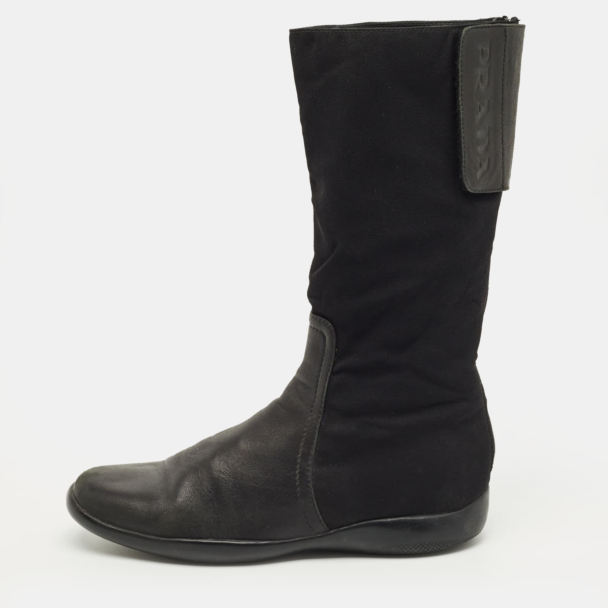 Prada Black Leather Knee Length Boots Size 37