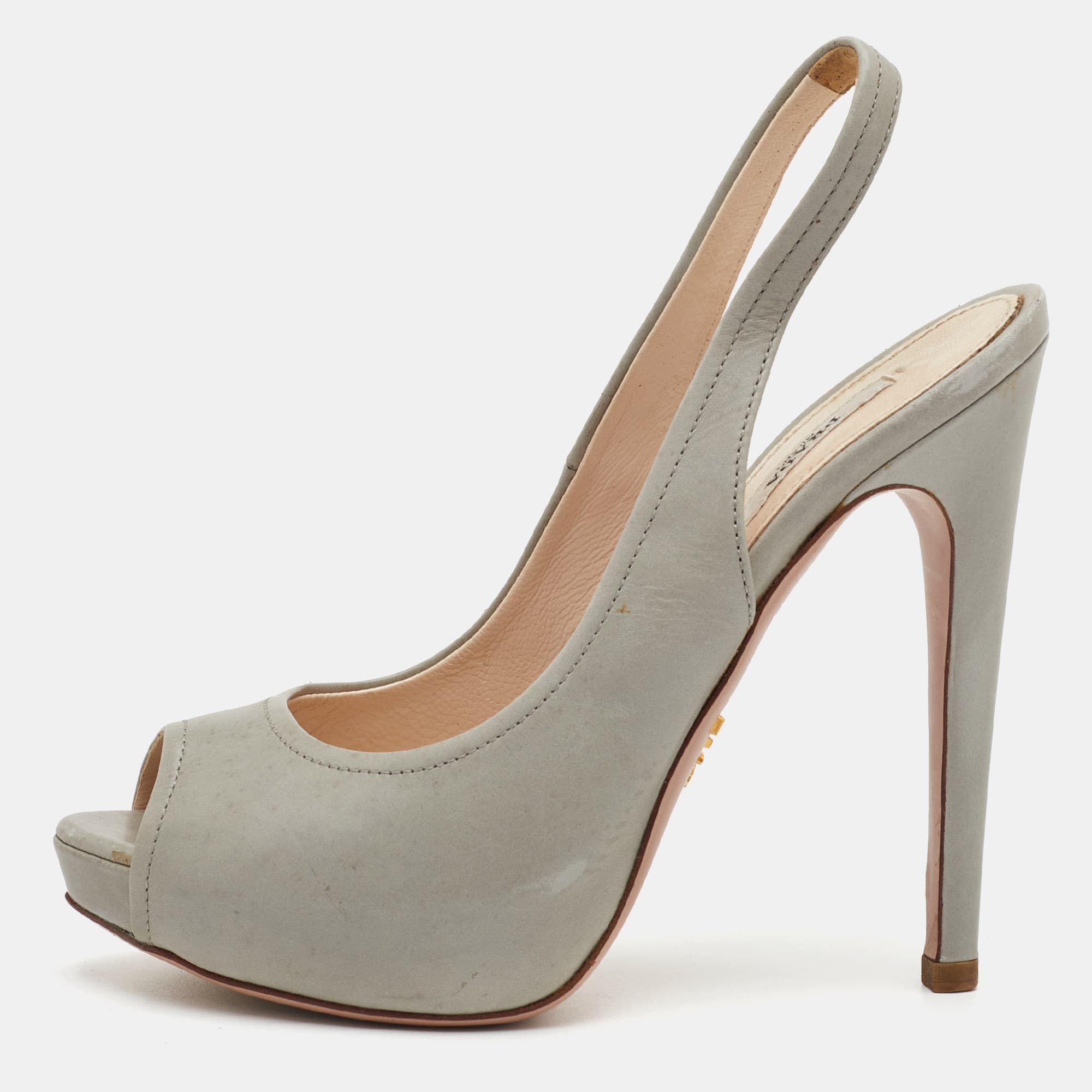 Prada Size 36 Light Grey Leather Peep Toe Platform Slingback Sandals