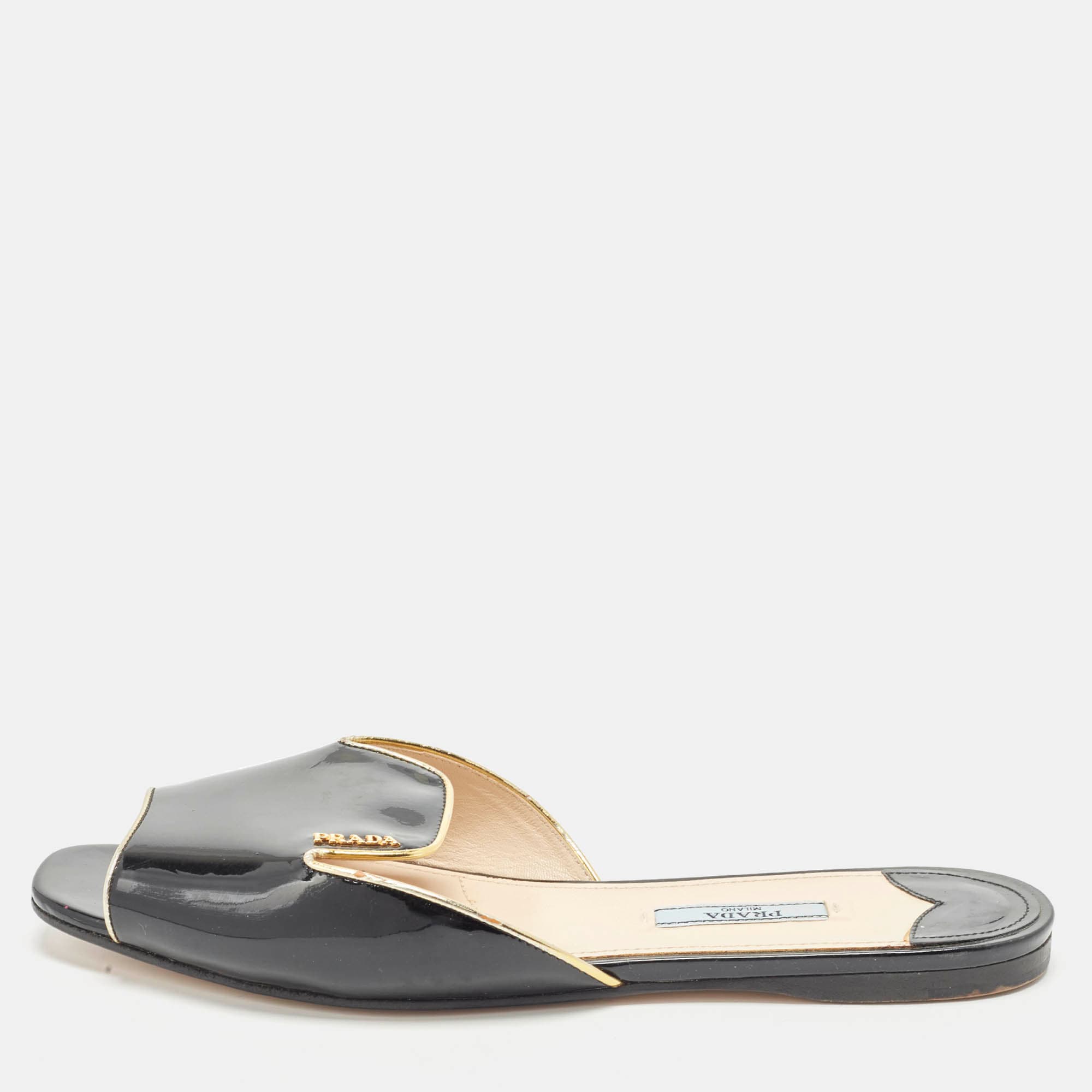 Prada Size 41 Black Patent Leather Slide Sandals