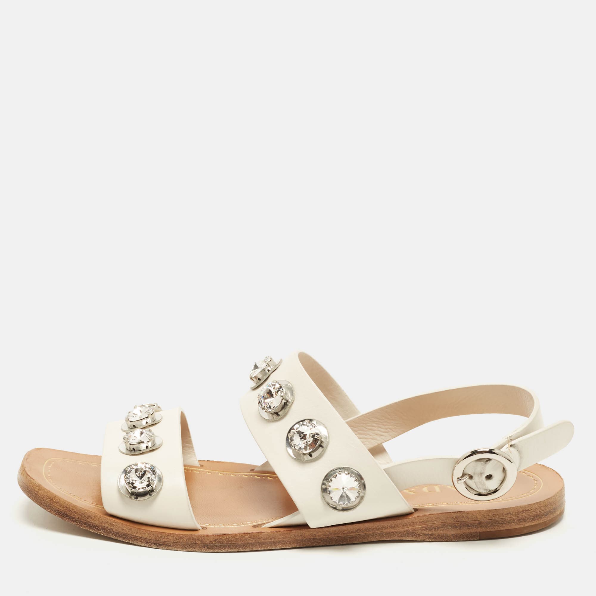 Prada Size 37 White Leather Crystal Embellished Flat Slingback Sandals