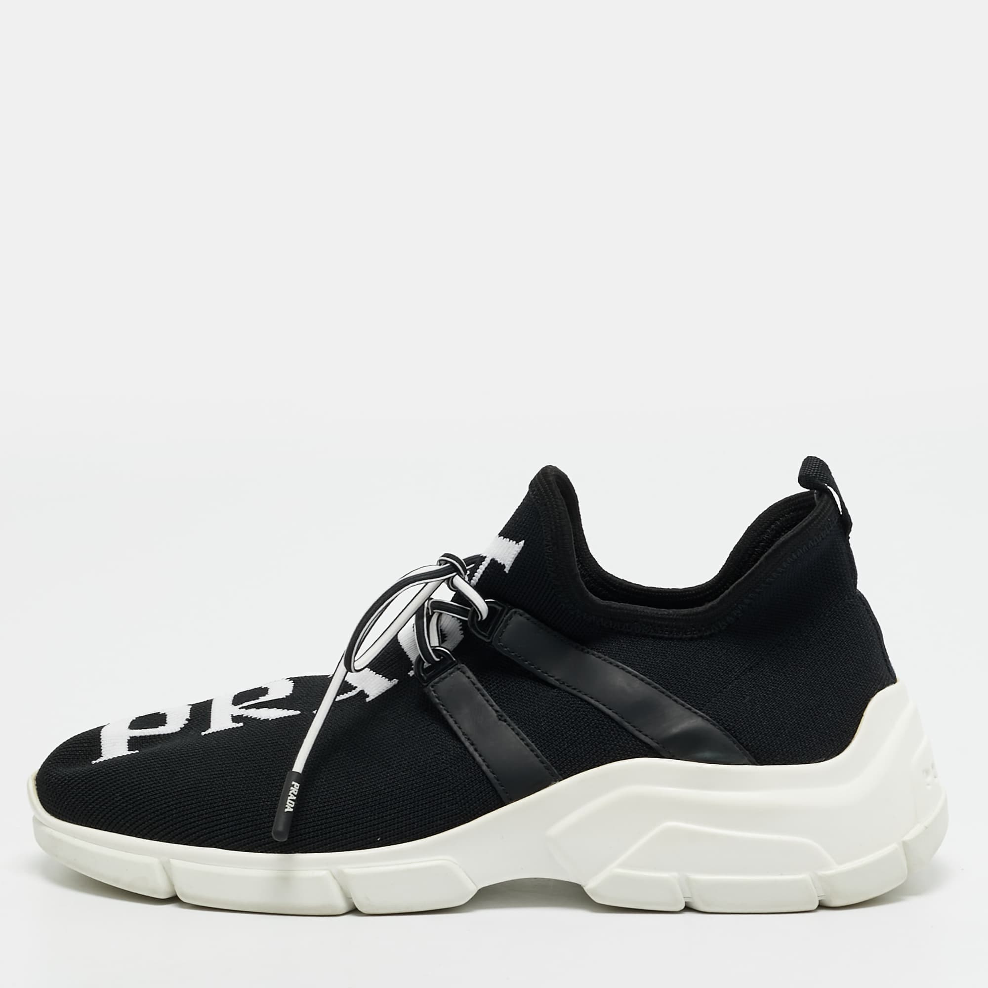 Prada XY Logo Size 37 Black/White Knit Fabric Lace Up Sneakers