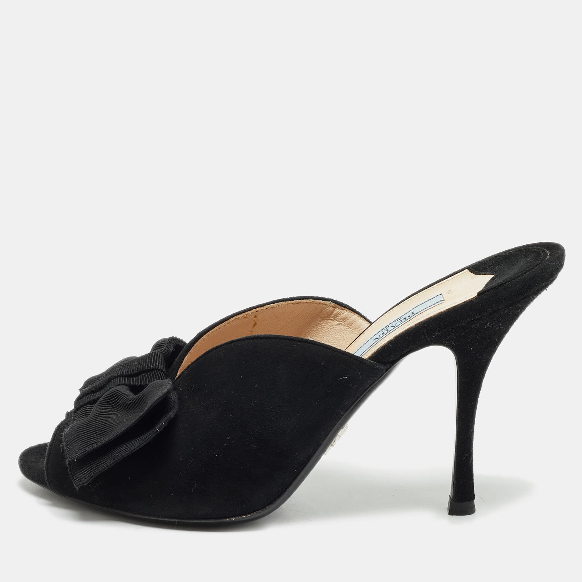 Prada Size 38.5 Black Suede Bow Mules