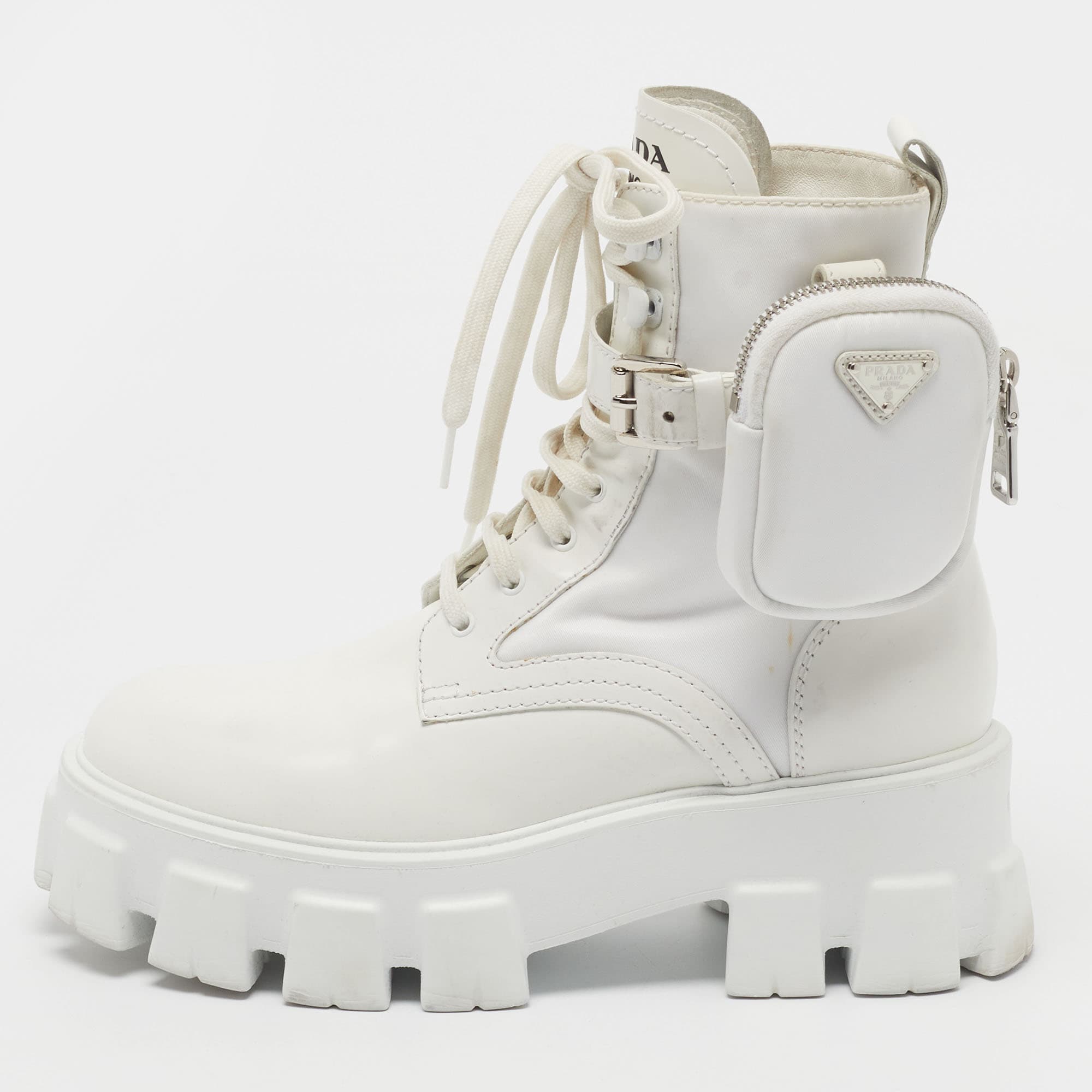 Prada Monolith Size 37.5 White Leather and Nylon Combat Boots