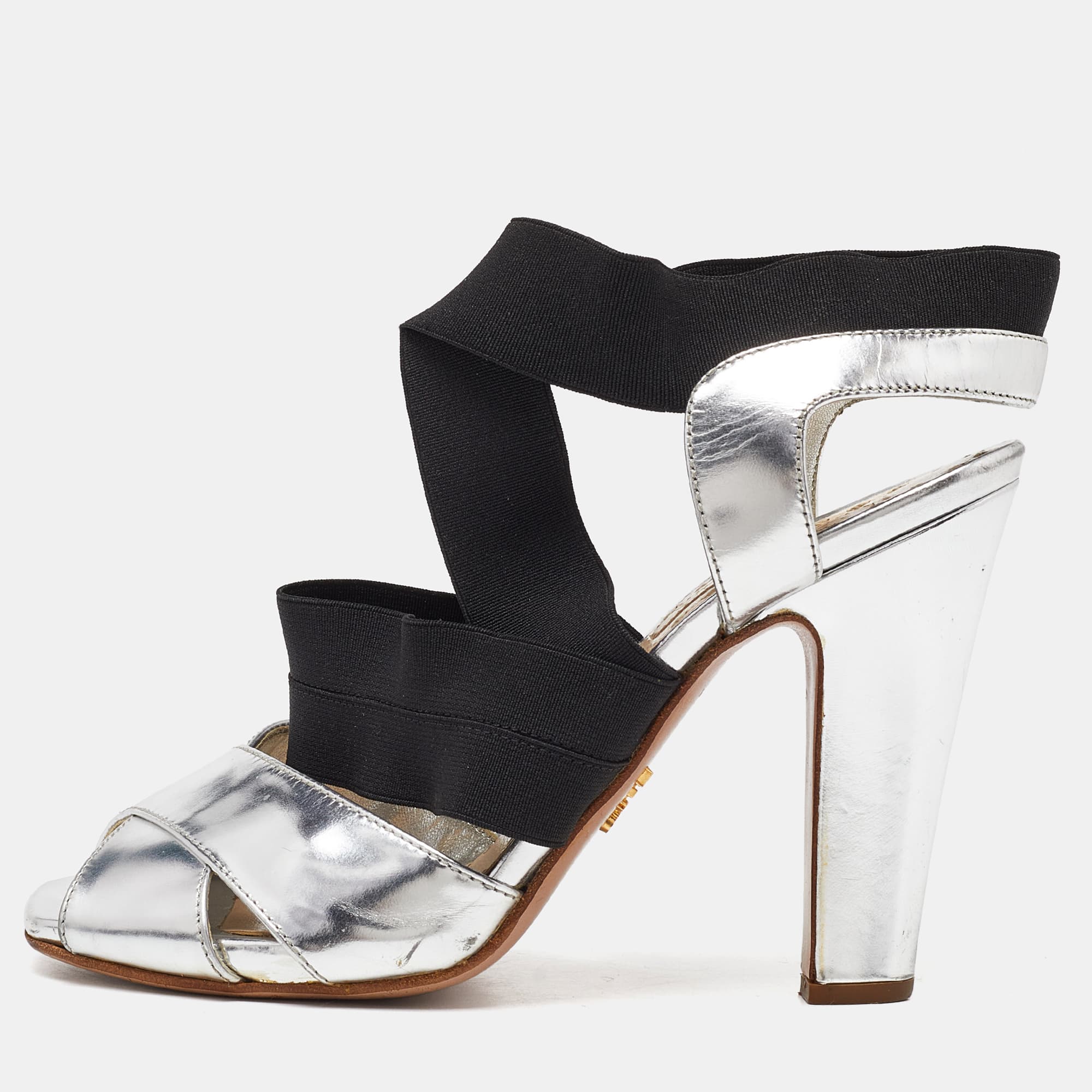 Prada Black/Silver Leather and Fabric Strappy Open Toe Sandals Size 37