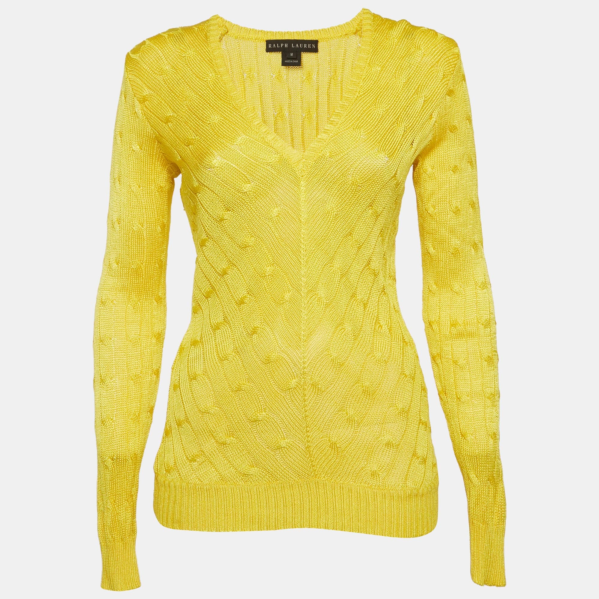 Ralph Lauren Yellow Cable Knit Silk V-Neck Sweater M