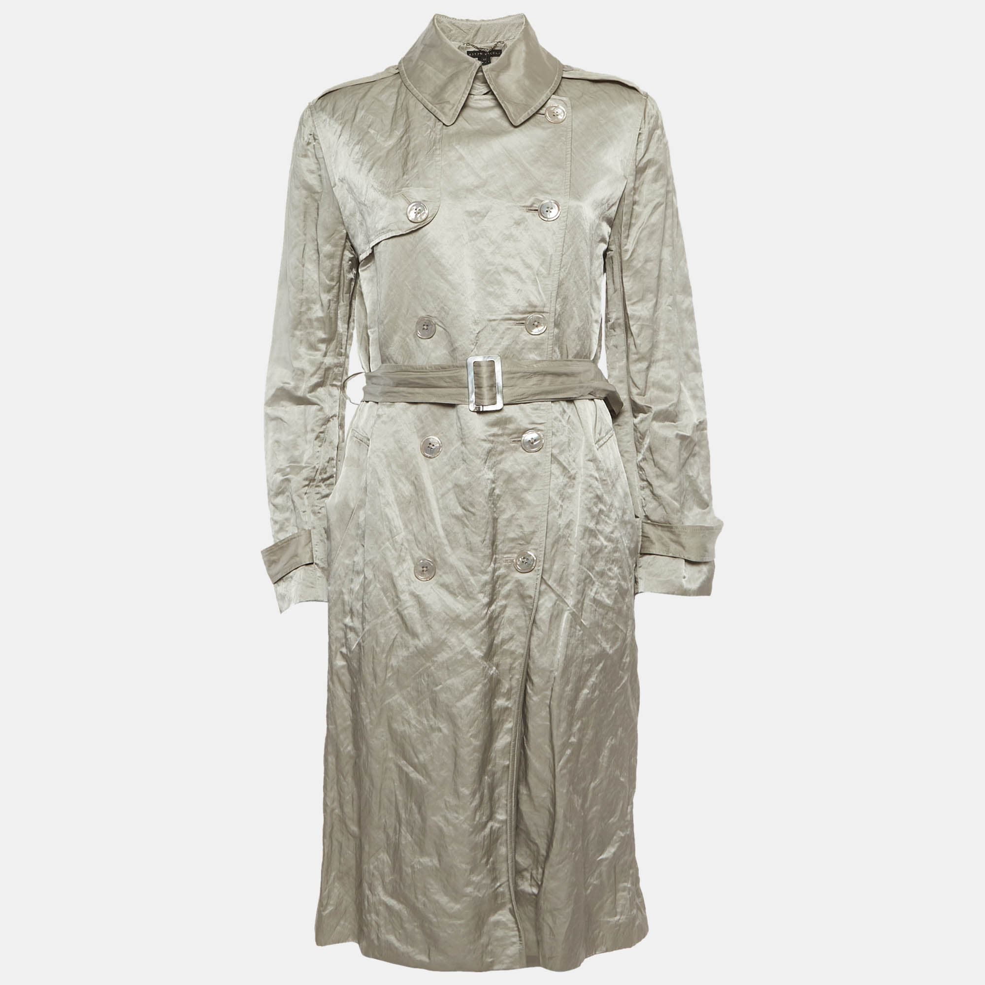 Ralph Lauren Silver Satin Belted Double Breasted Trench Coat L