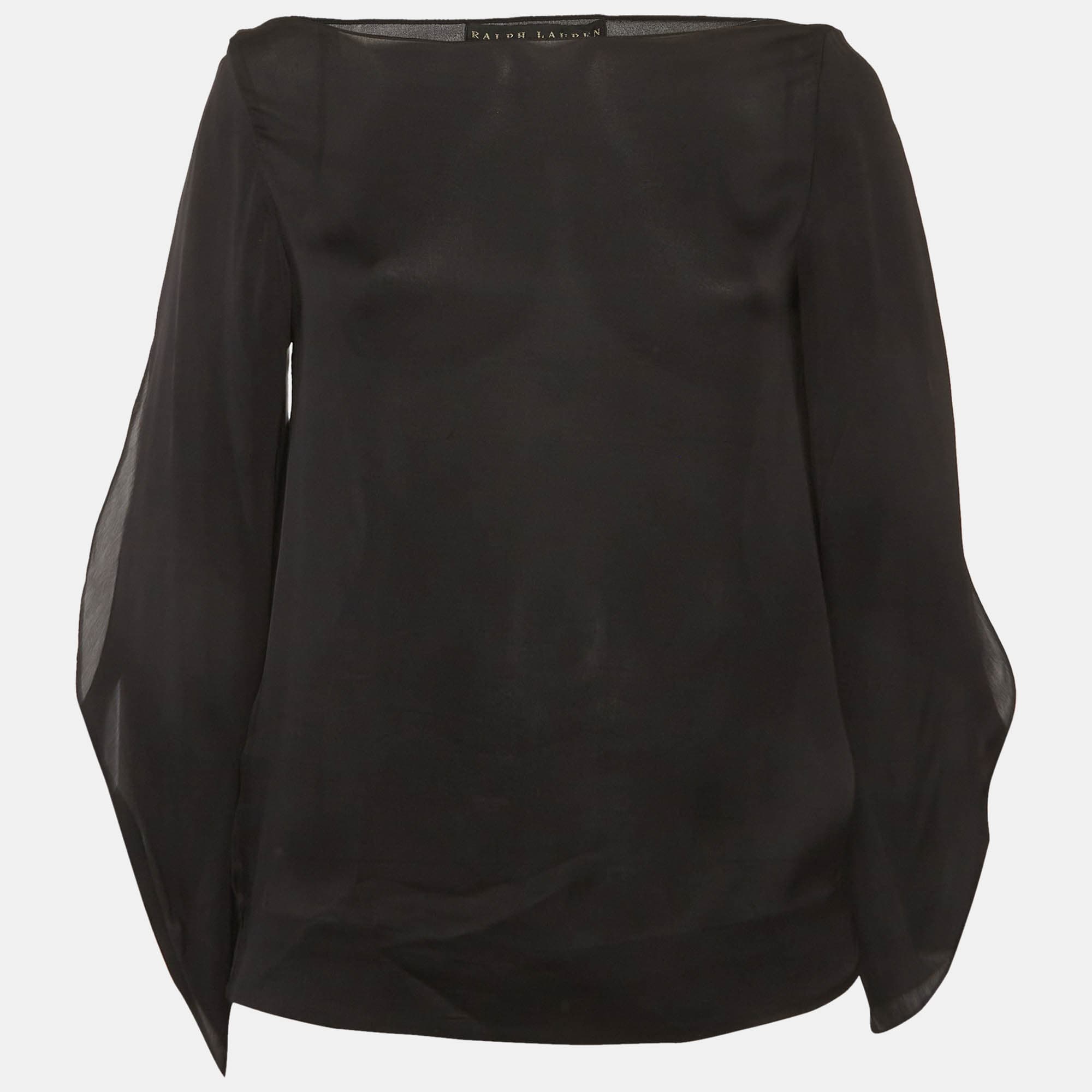 Ralph Lauren Black Silk Chiffon Sheer Cape Sleeve Blouse S