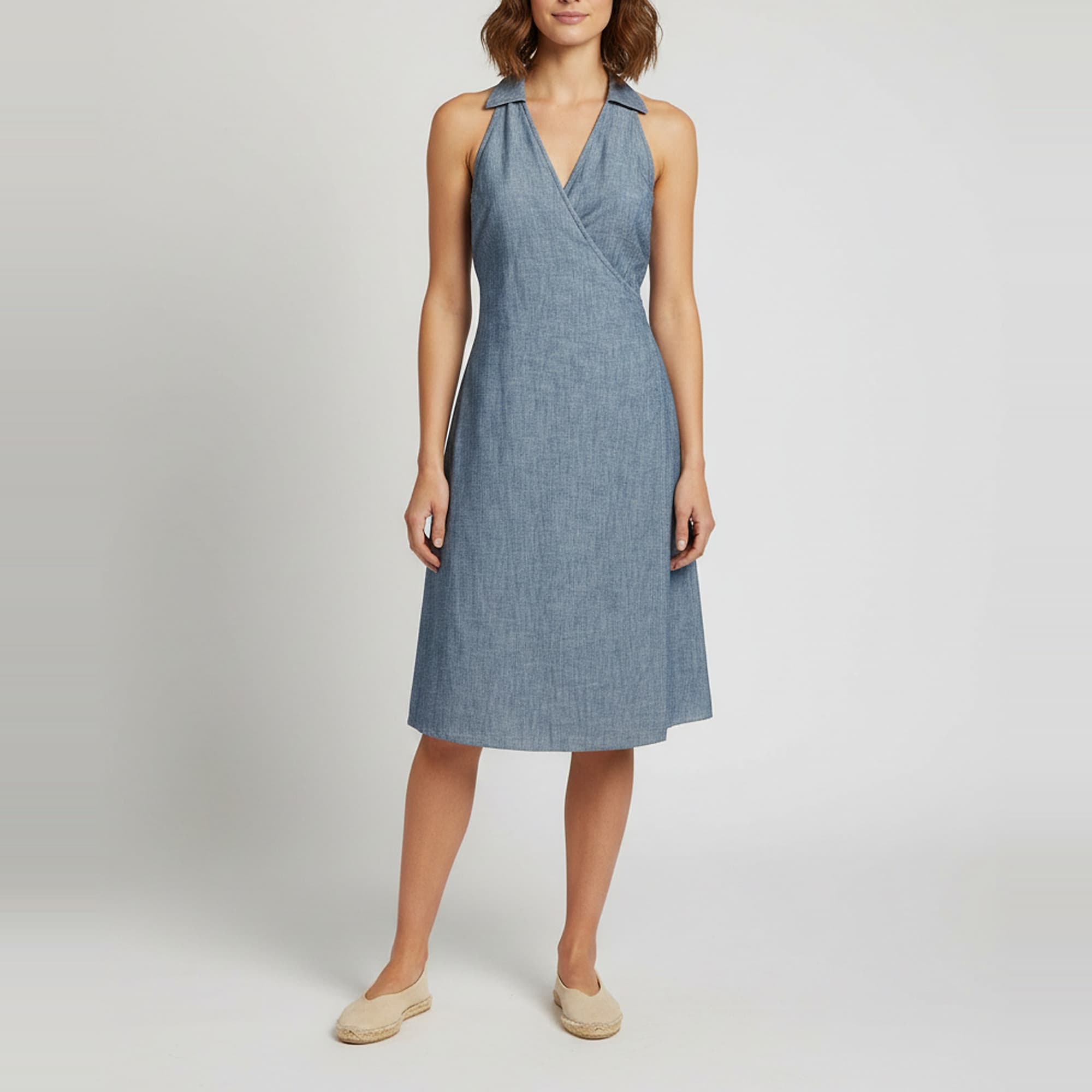 Ralph Lauren Sport Blue Chambray Sleeveless Wrap Midi Dress M