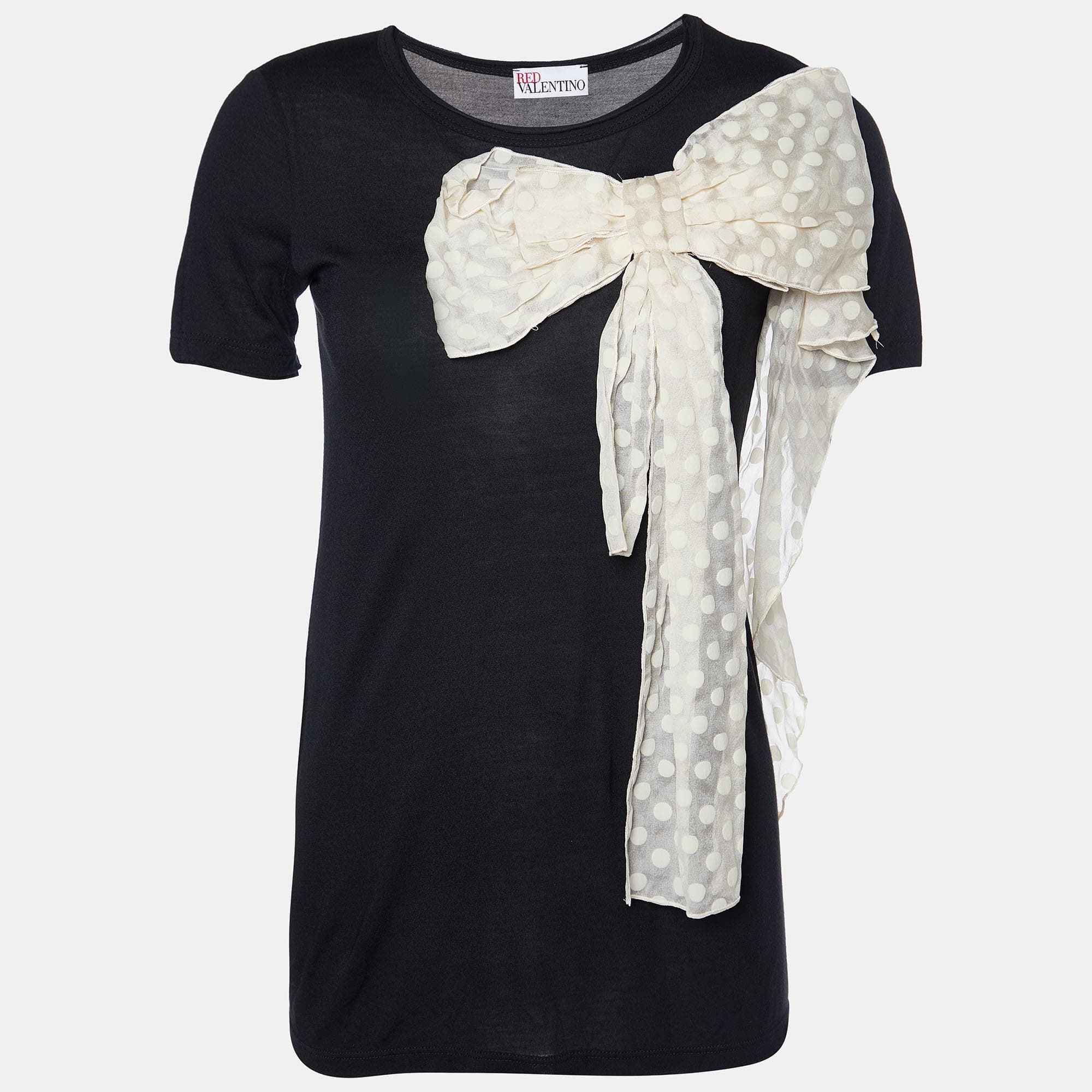 Red Valentino Black Jersey Contrast Bow Detail Raw Edged Top S