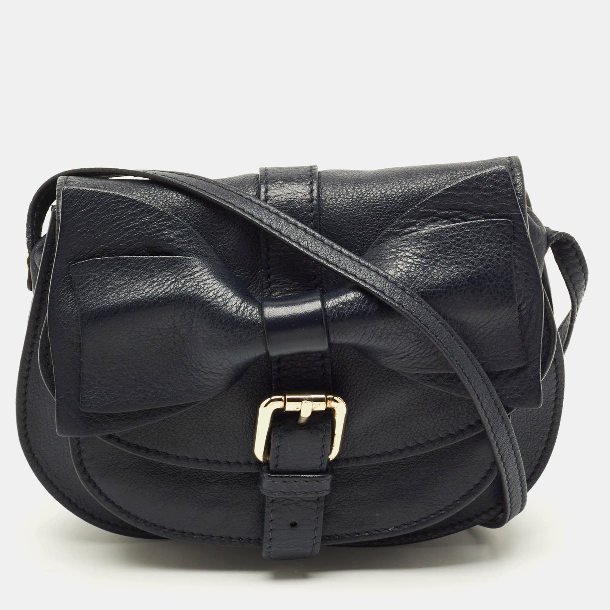 RED Valentino Bow Navy Blue Leather Crossbody Bag