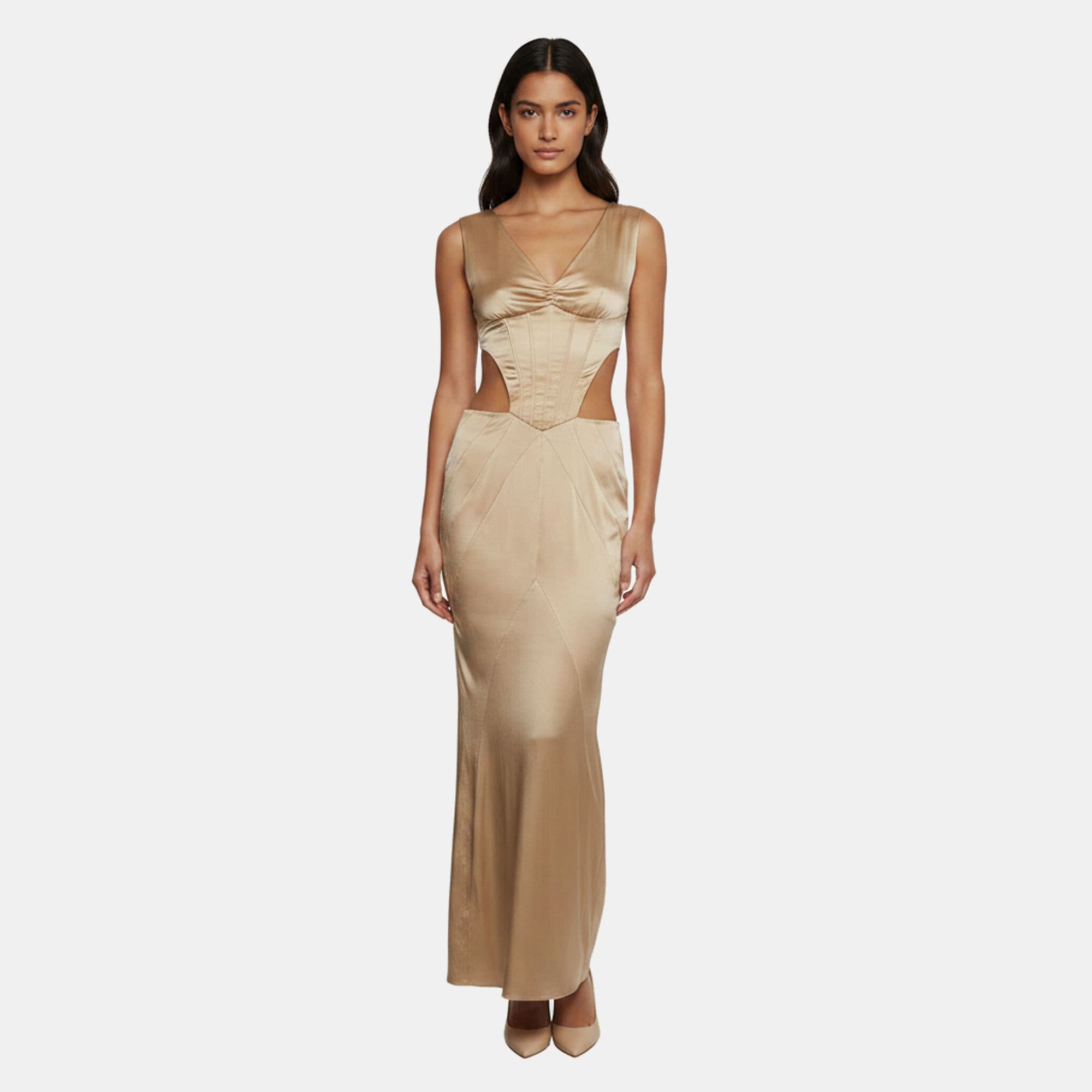 Retrofete Gold Satin Waist Cut-Out Long Dress XS