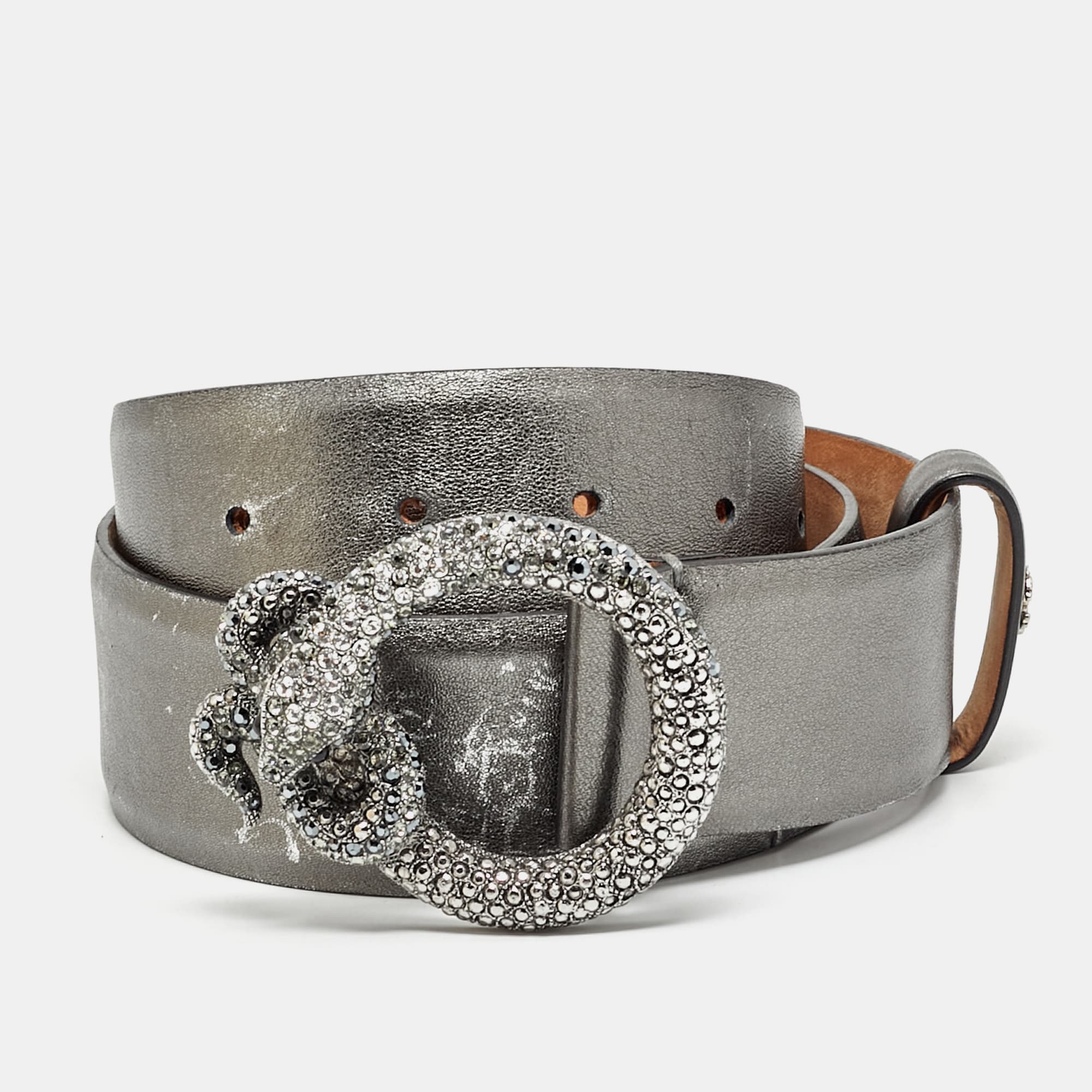 Roberto Cavalli Snake Crystal Buckle 90CM Belt Metallic Leather