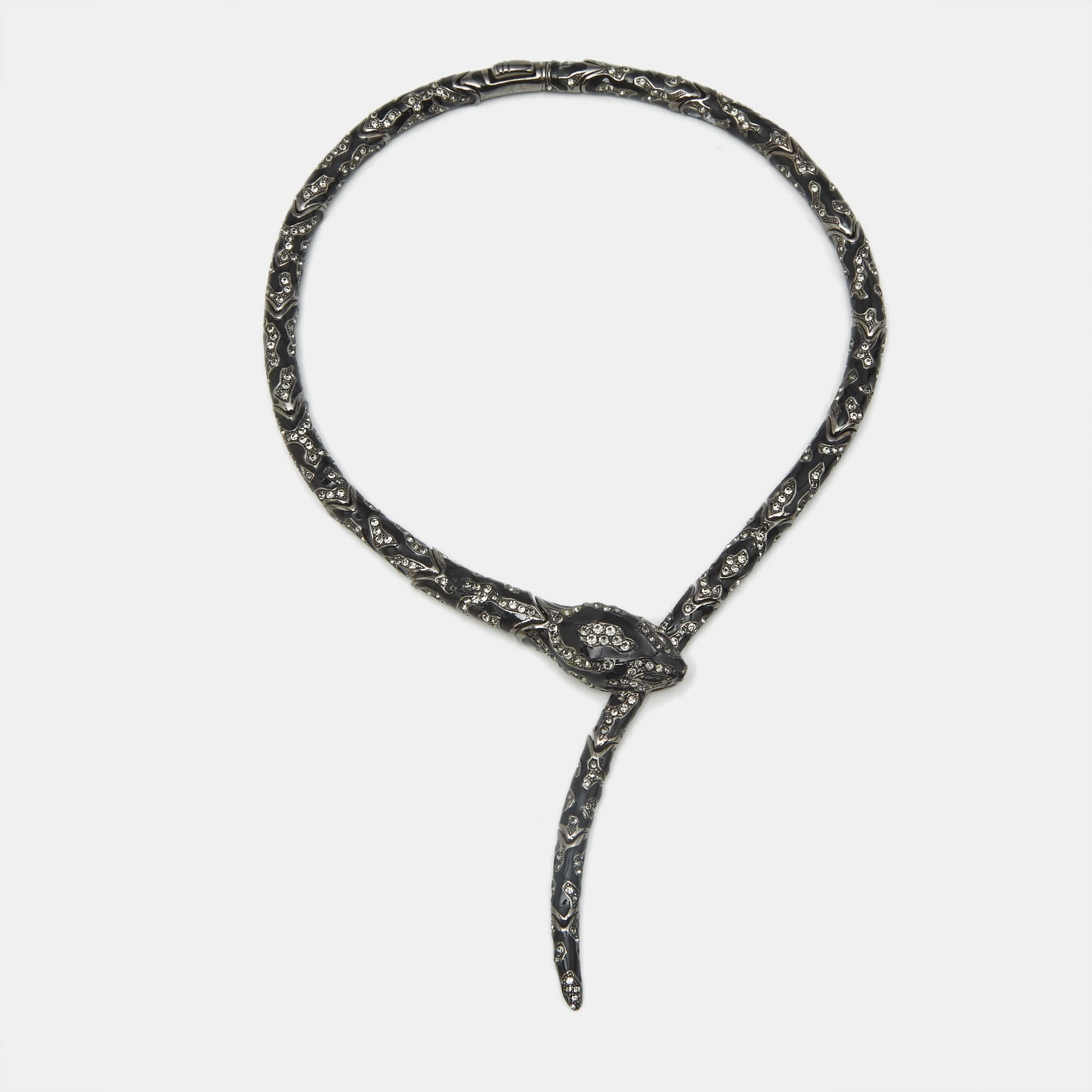 Roberto Cavalli Snake Black Enamel Crystal Gunmetal Tone Collar Necklace