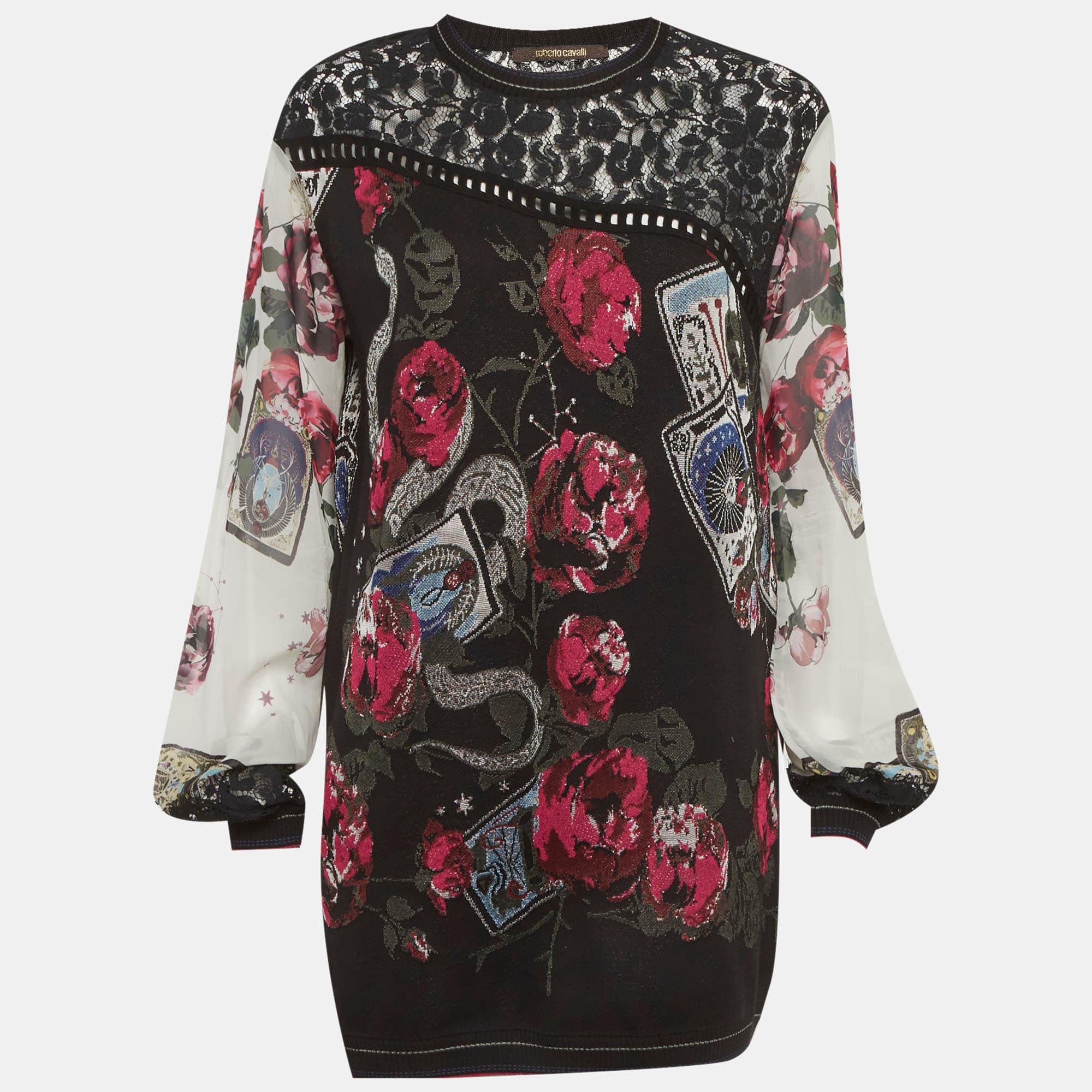 Roberto Cavalli Black Floral Knit and Lace Pullover M