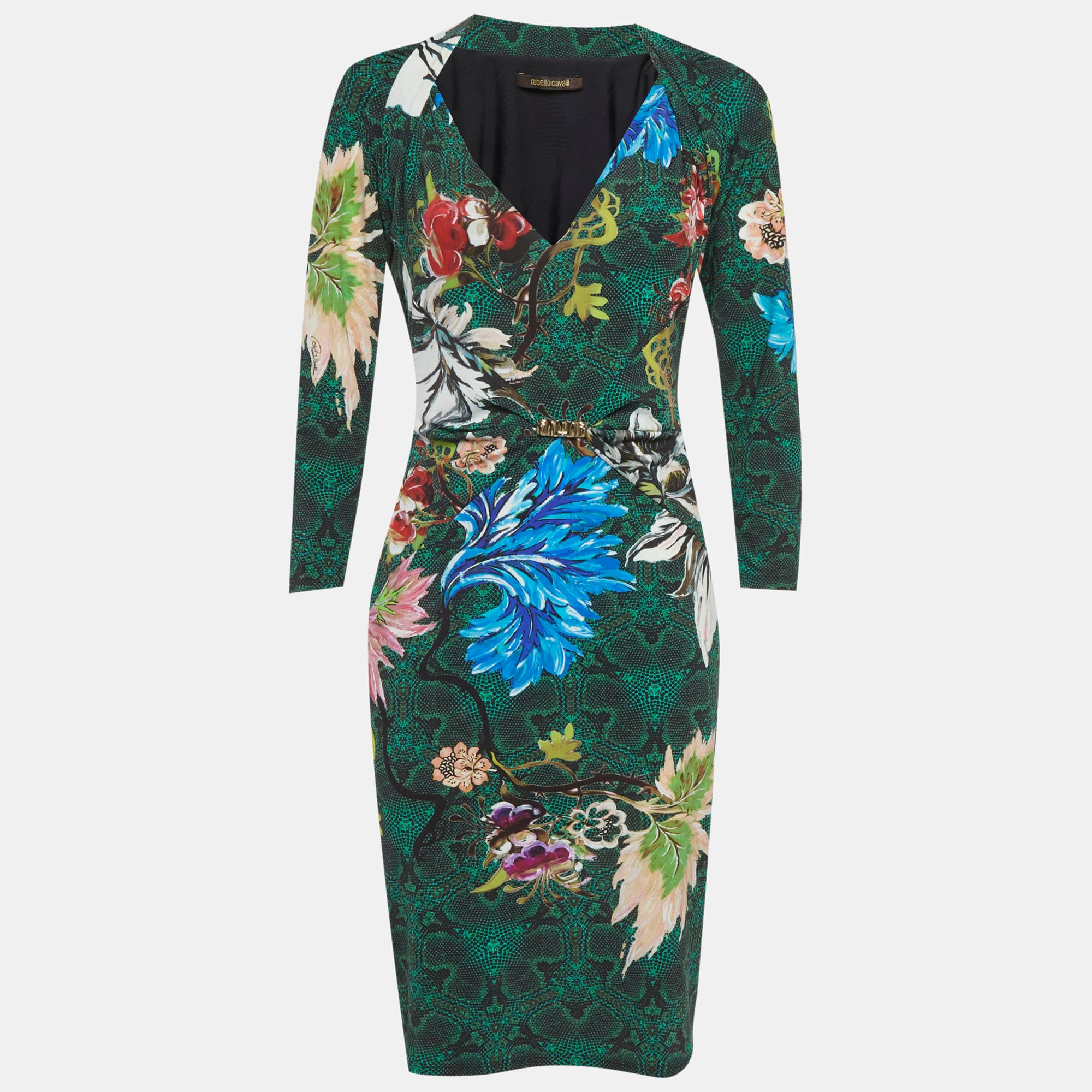 Roberto Cavalli Green Floral and Snakeskin Print Jersey Mini Dress L