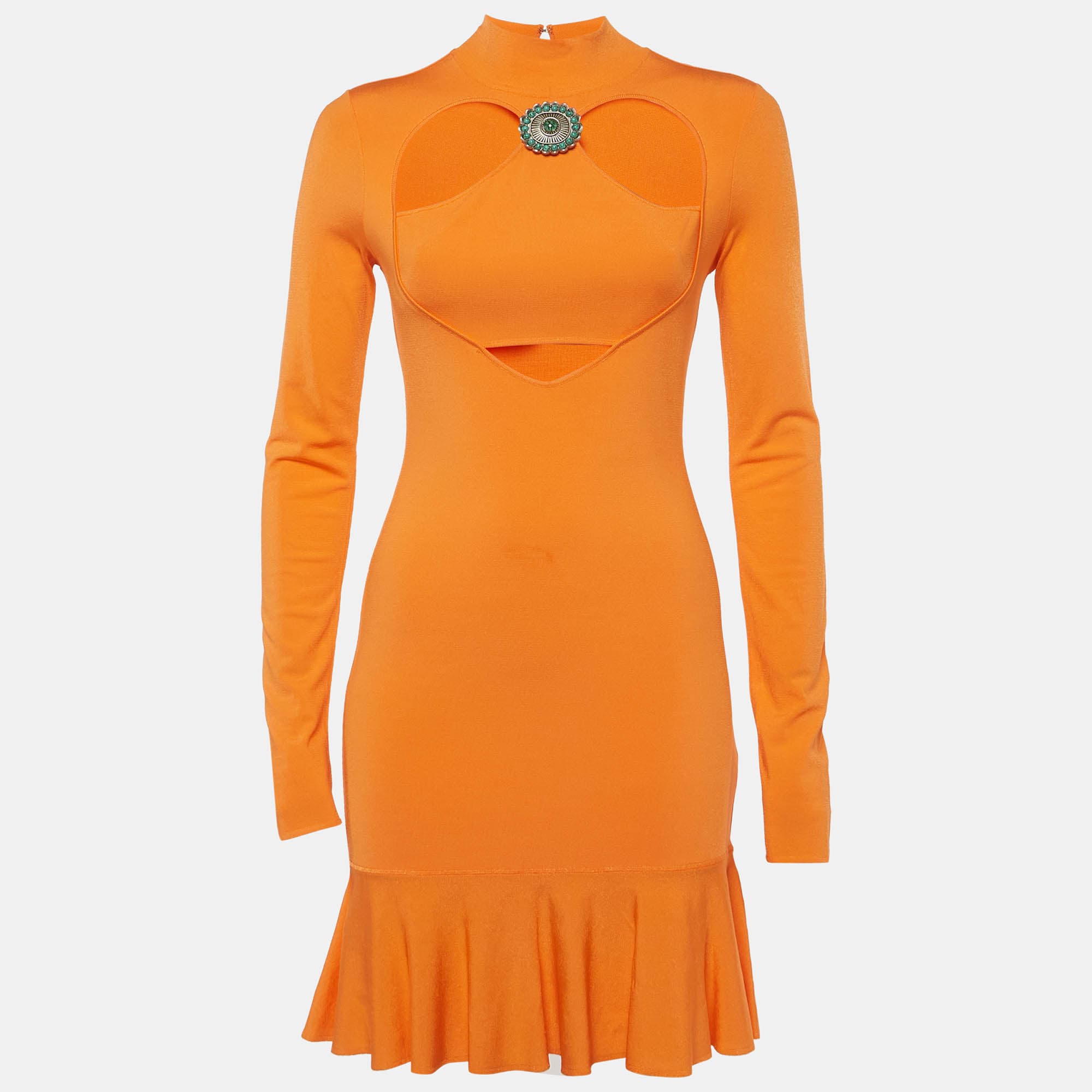 Roberto Cavalli Orange Jersey Knit Ruffled Hem Mini Dress M