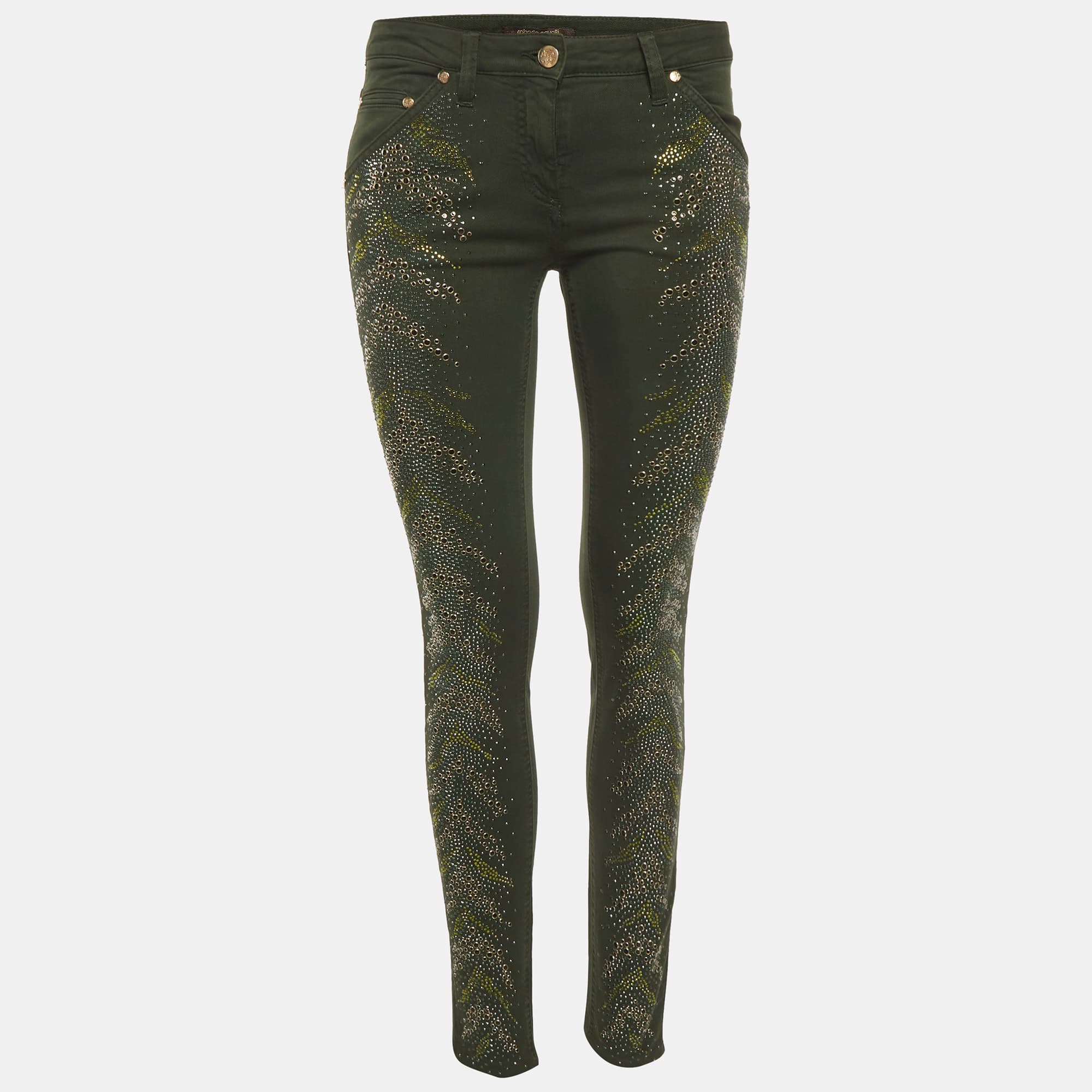 Roberto Cavalli Green Denim Rhinestone Skinny Jeans S/Waist 28"