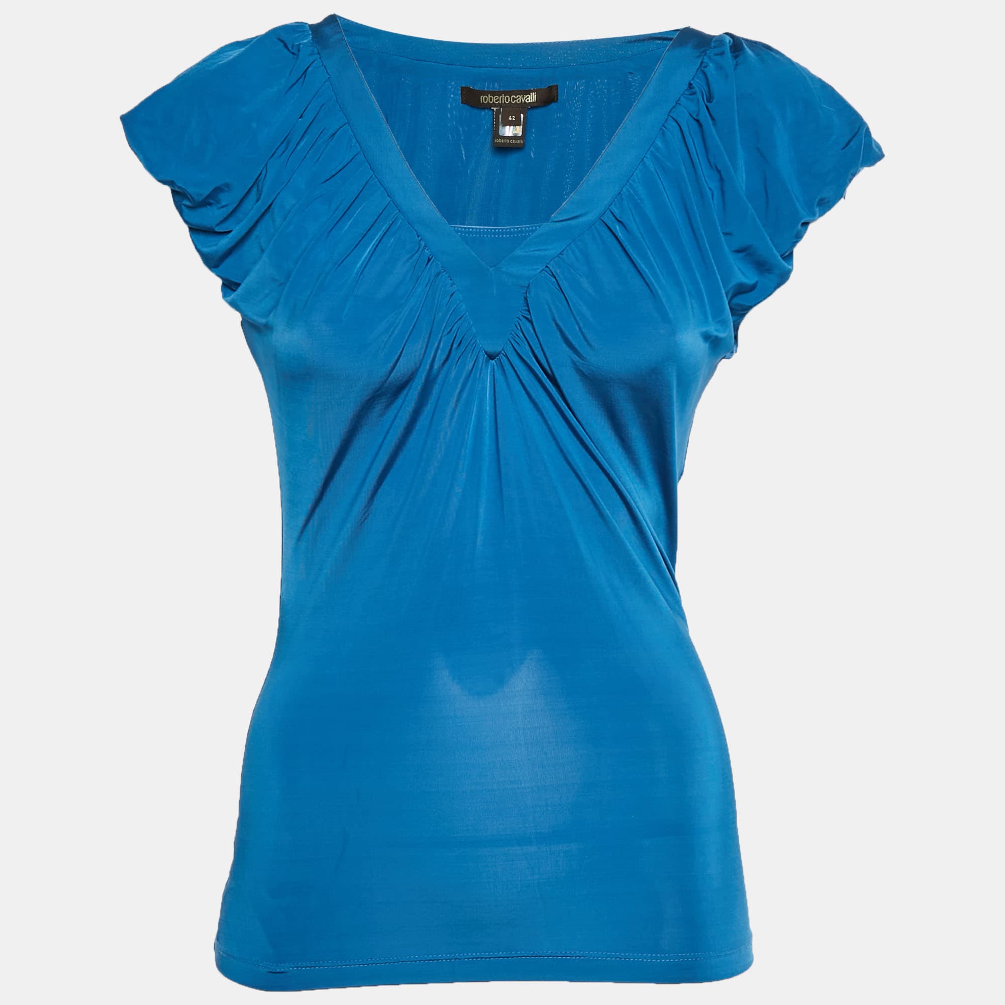 Roberto Cavalli Blue Jersey Ruche V-Neck Top M