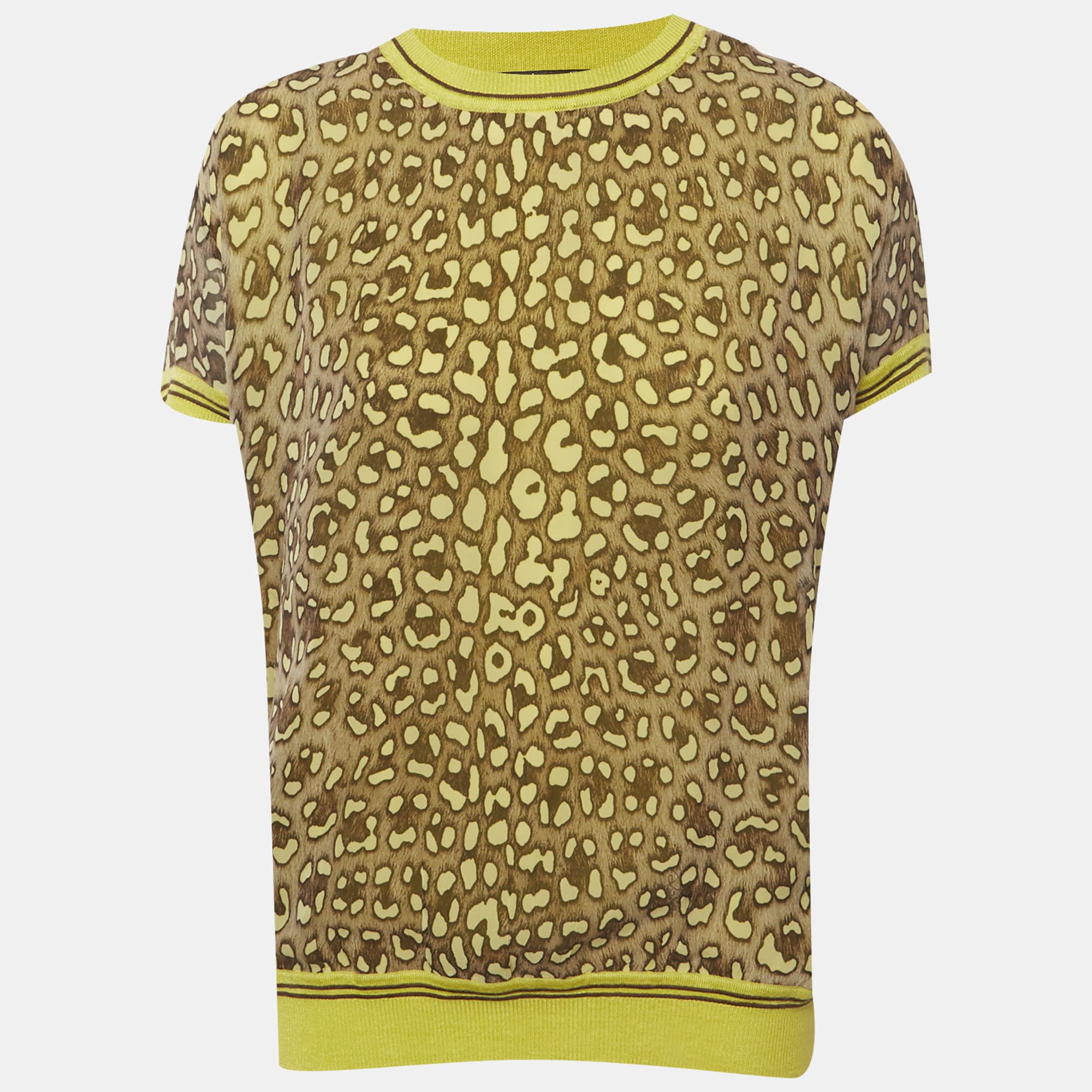 Roberto Cavalli Montenapoleone Yellow Animal Printed Silk & Knit Paneled T-Shirt L