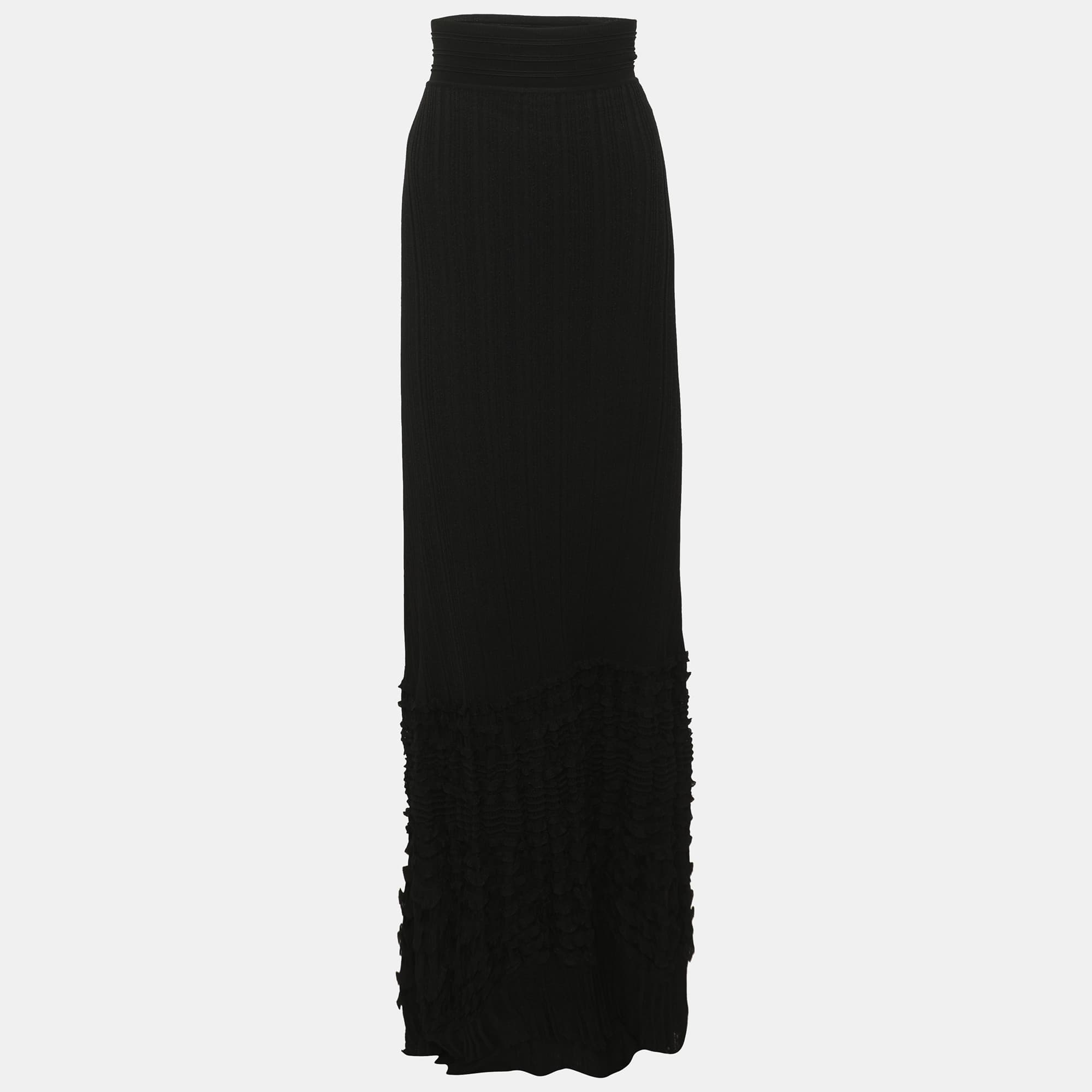 Roberto Cavalli Black Stretch Knit Floral Lace Maxi Skirt L