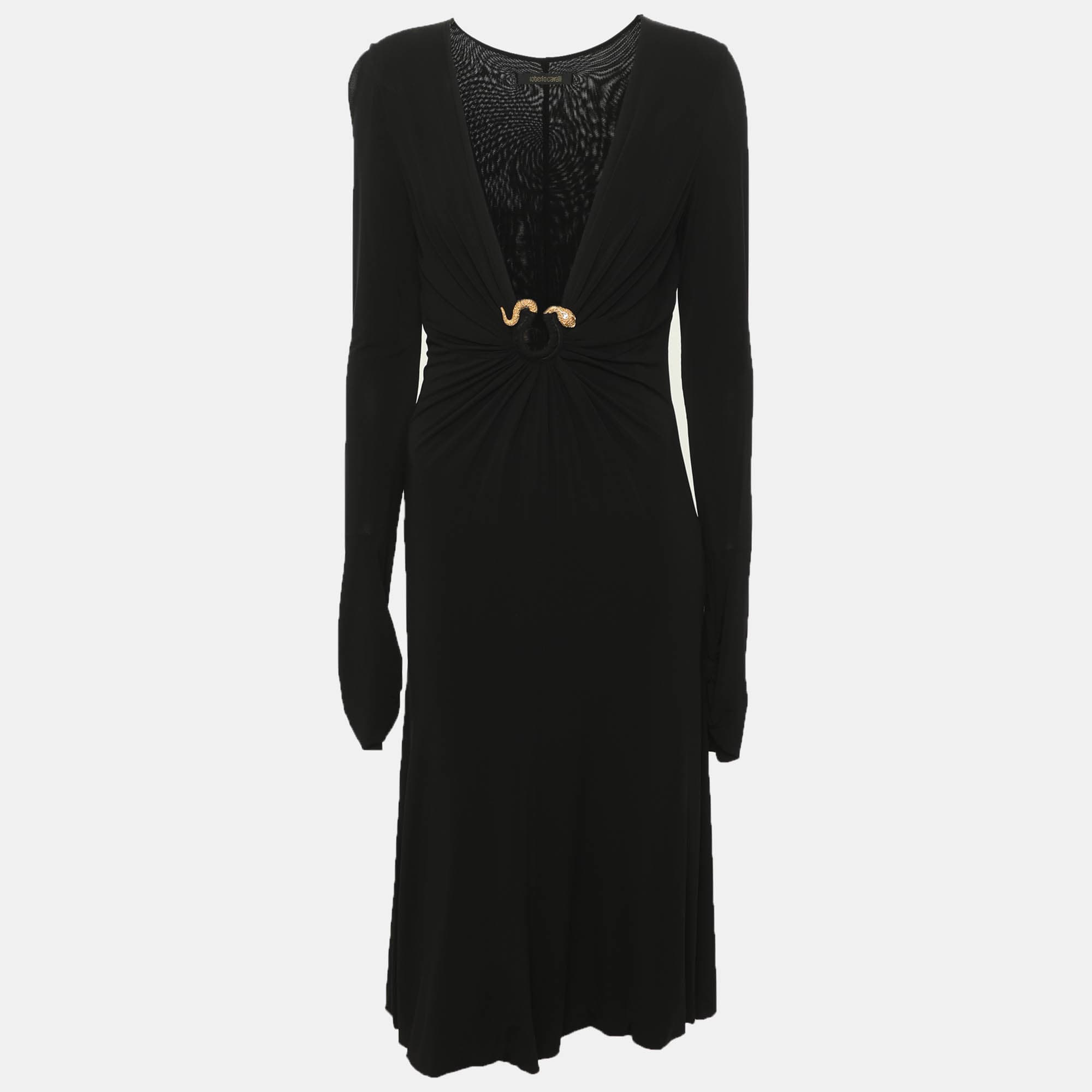 Roberto Cavalli Black Snake Detail V Neck Midi Dress M