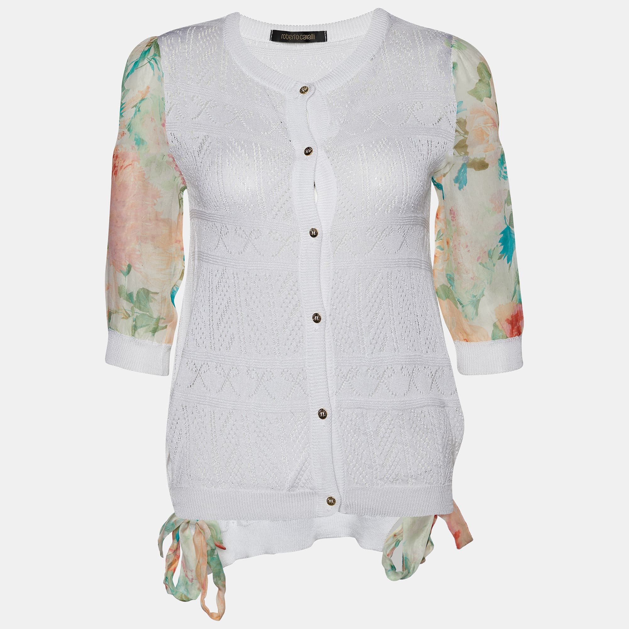 Roberto Cavalli White Perforated Knit & Printed Silk Sleeve Cardigan S