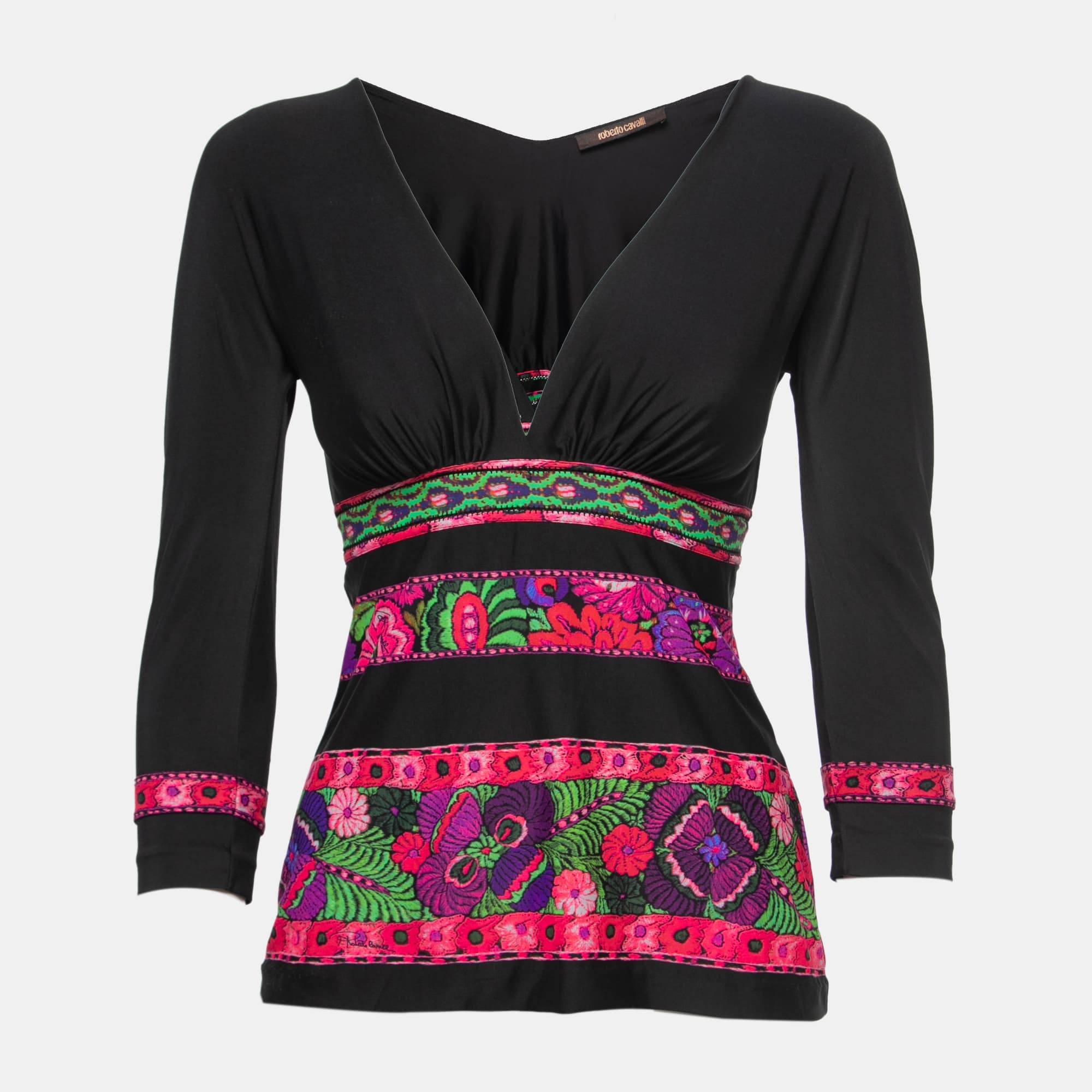 Roberto Cavalli Black Floral Printed Jersey V-Neck Top S