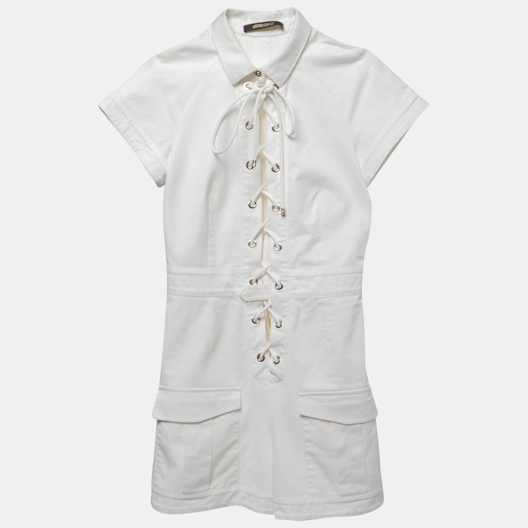 Roberto Cavalli White Cotton Lace-Up Playsuit S