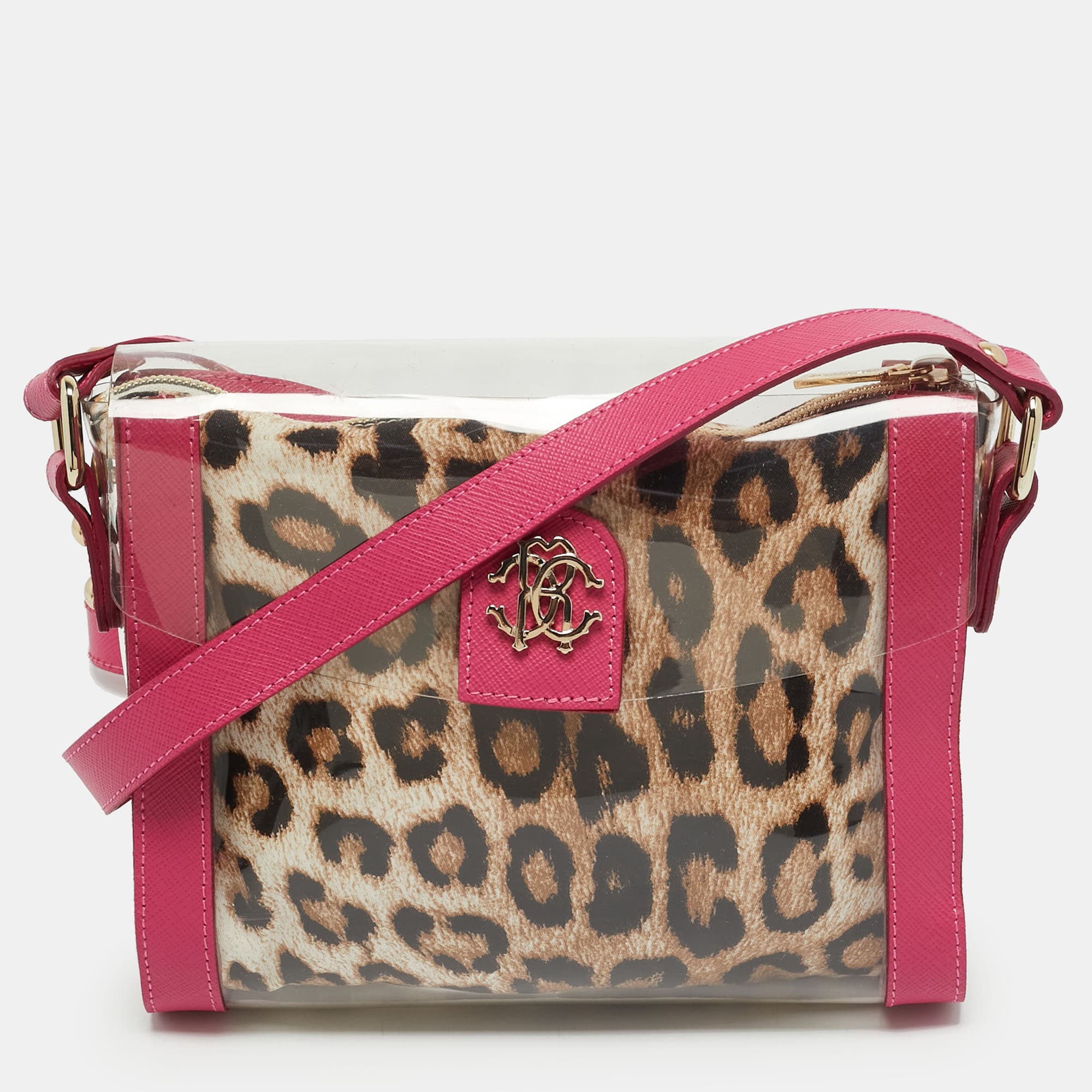 Roberto Cavalli Leopard Print Pink/Brown Leather PVC Crossbody bag