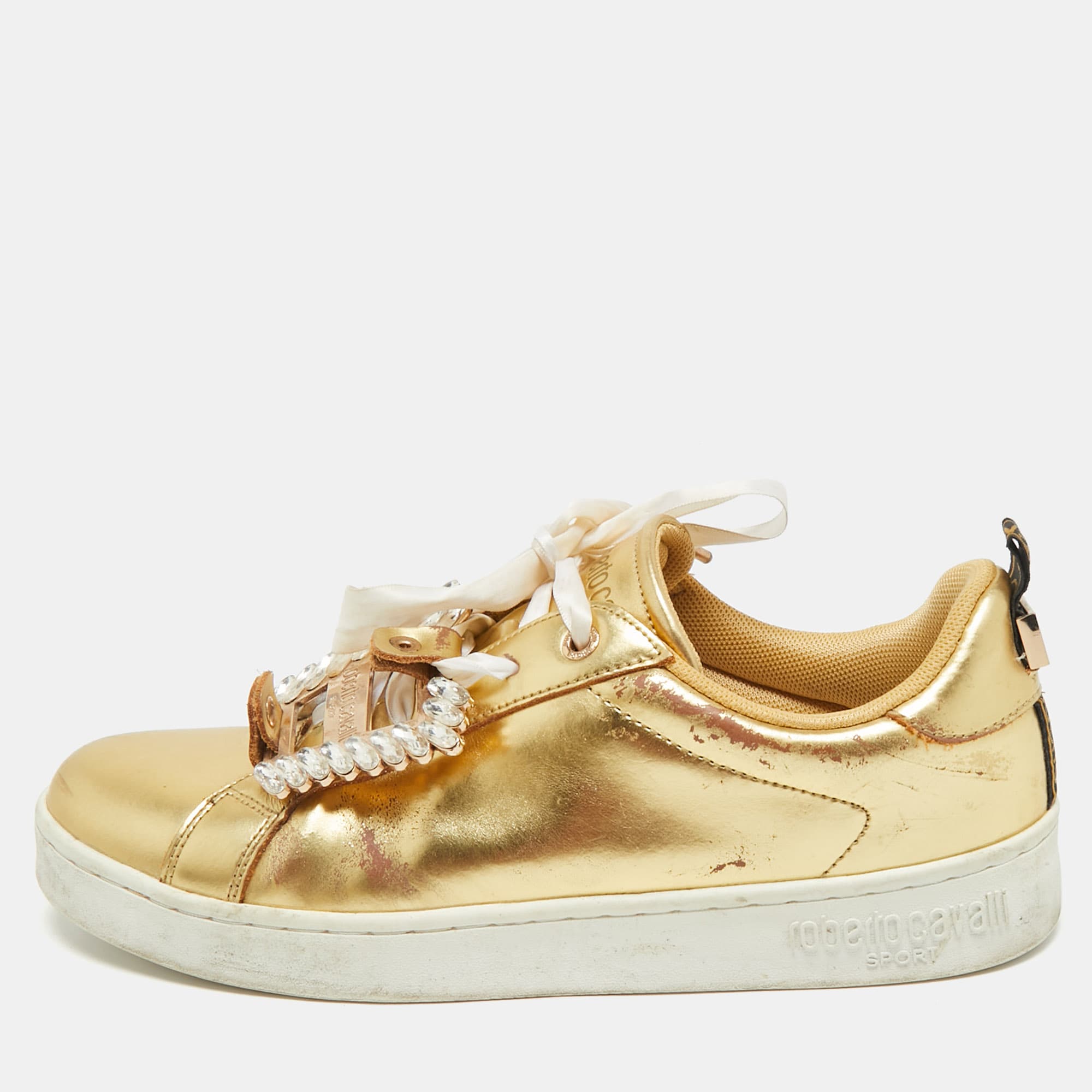 Roberto Cavalli Gold Leather Crystal Embellished Low Top Sneakers Size 39