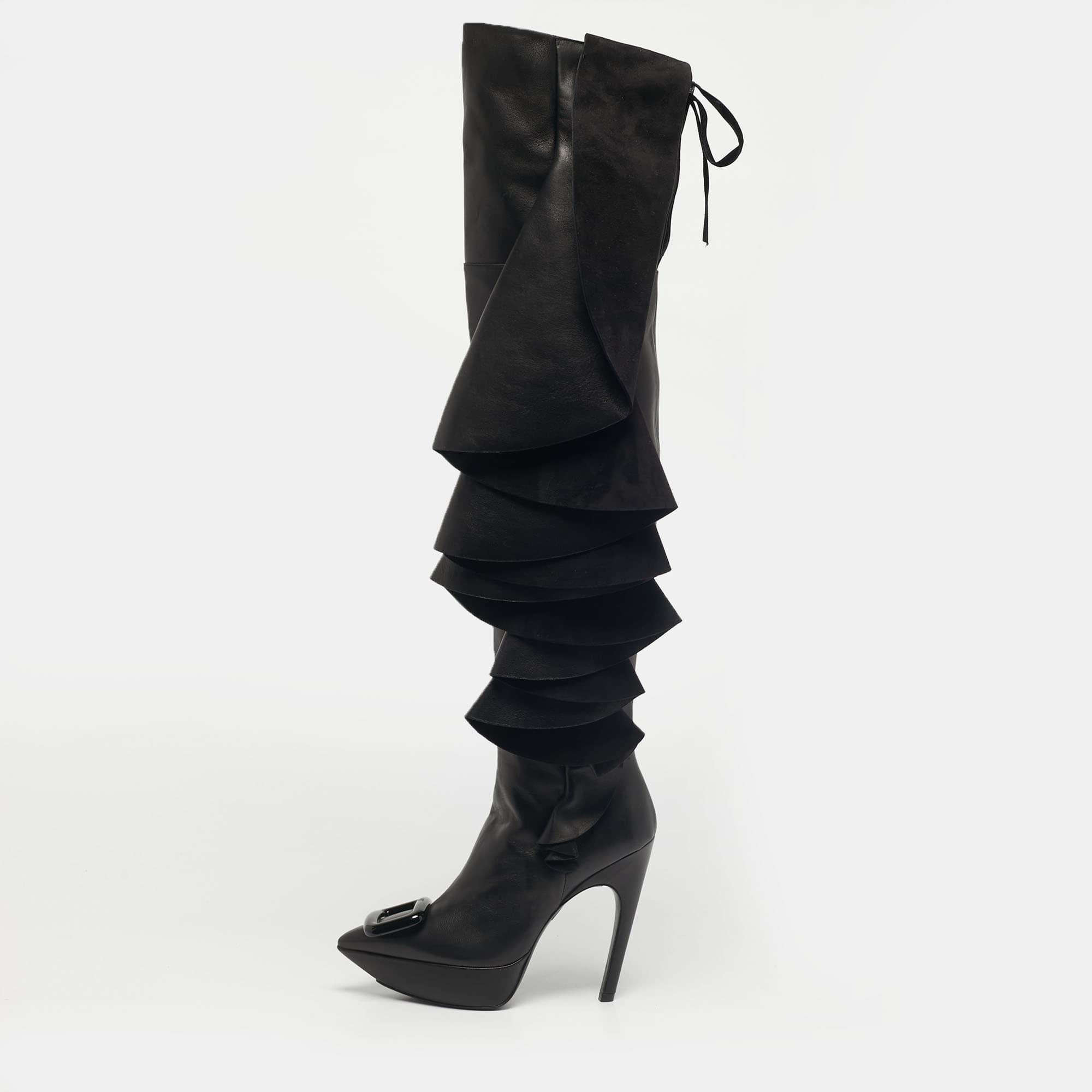 Roger Vivier Black Leather Viv' Choc Rouches Cuissards Knee Length Boots Size 37
