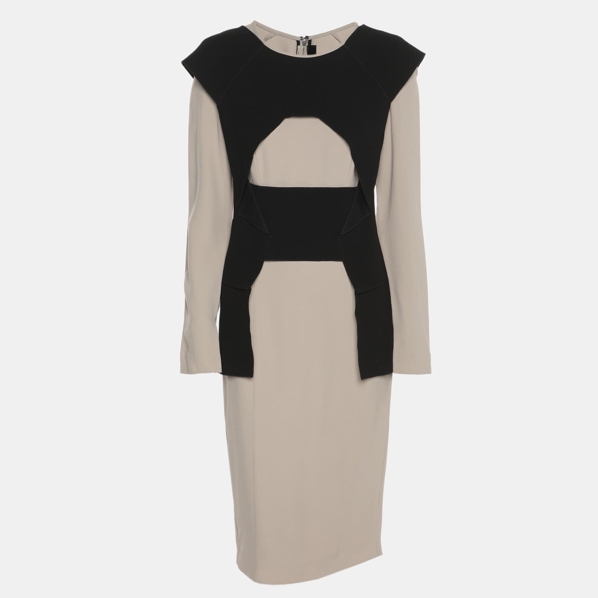 Roland Mouret Grey/Black Stretch Crepe Long Sleeve Midi Dress M