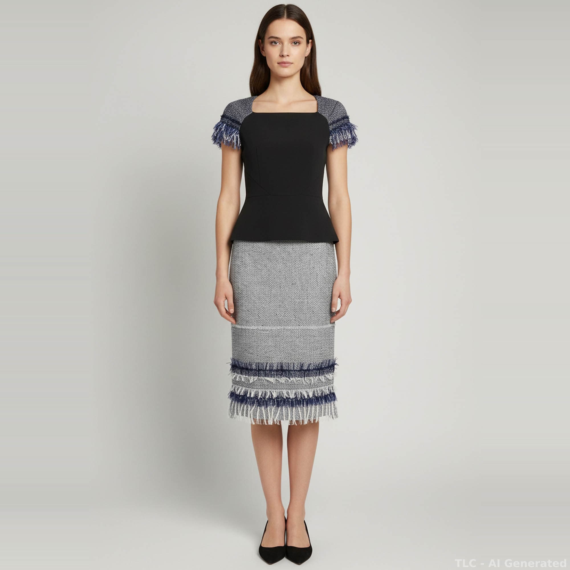 Roland Mouret Black Crepe and Tweed Fringed Blouse and Skirt Set M/S