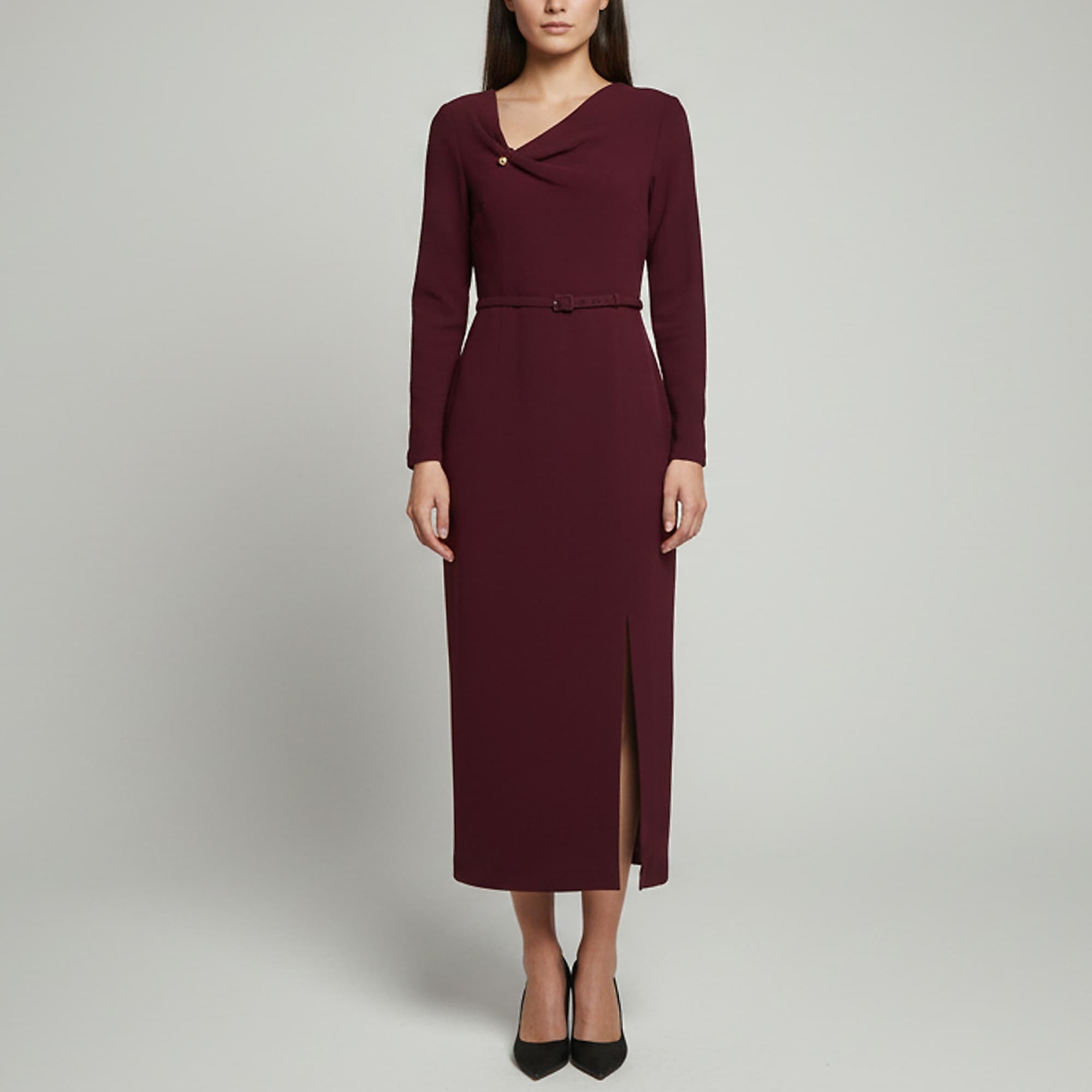 Roland Mouret Burgundy Sphere Pin Draped Wool Crepe Midi Dress L
