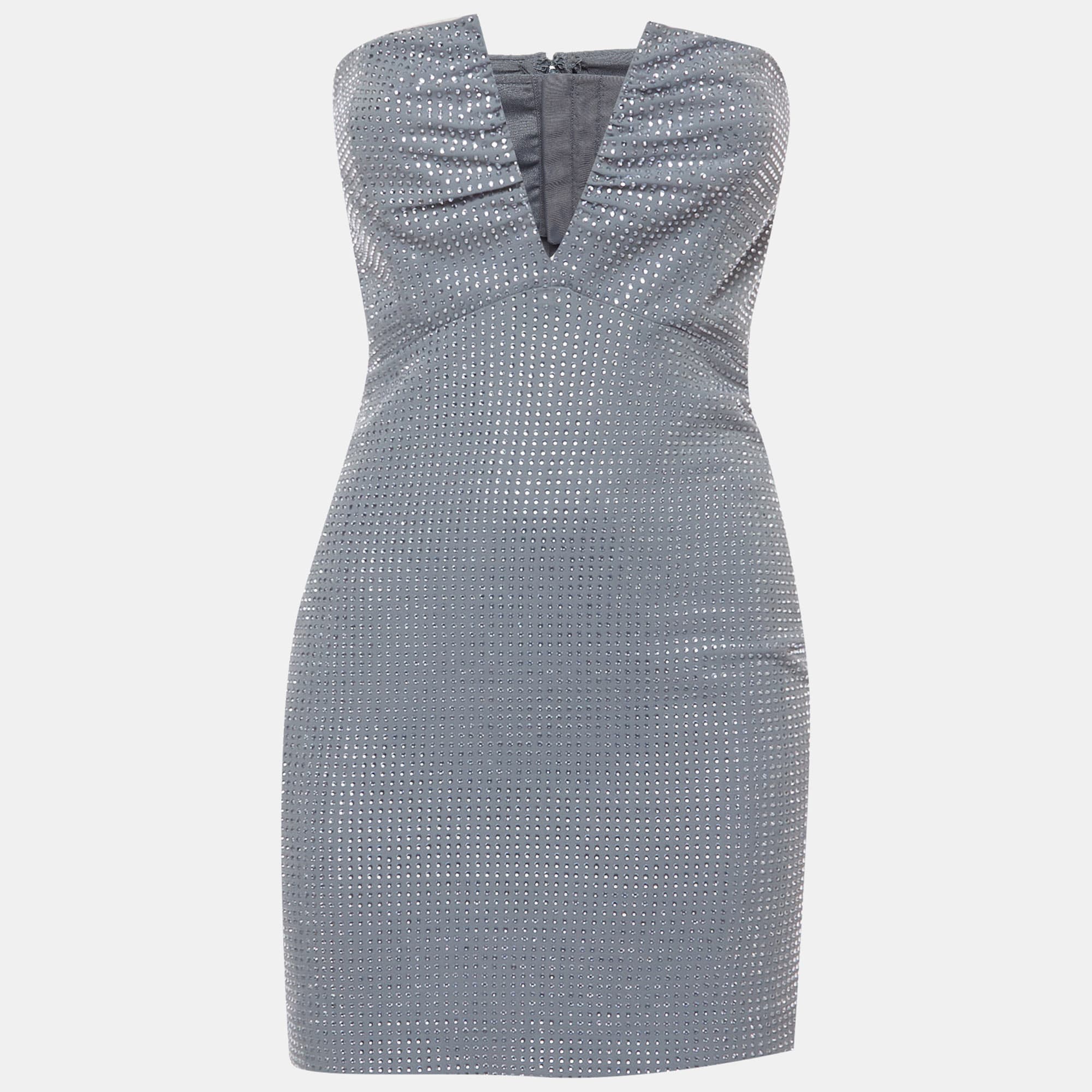 Roland Mouret Grey Embellished Crepe Strapless Diamante Mini Dress S