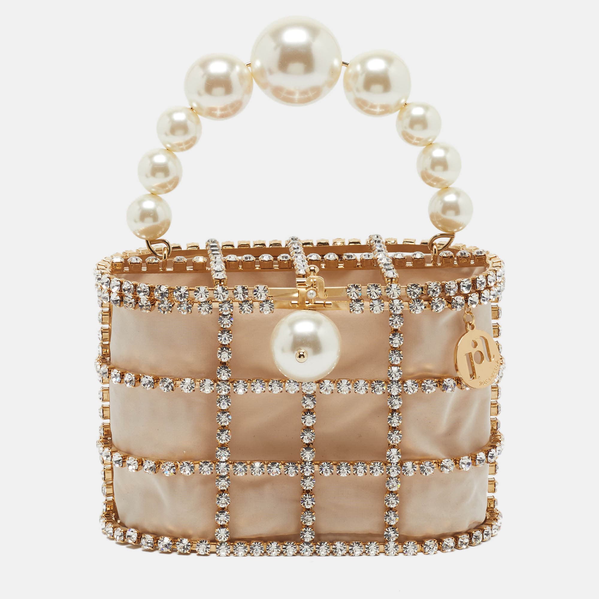 Rosantica Holli Pear and Crystal Embellished Gold Fabric and Metal Top Handle Bag