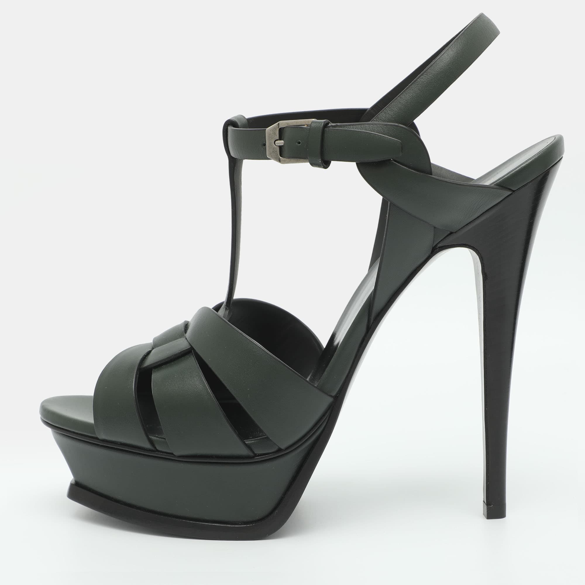 Saint Laurent Paris Tribute Size 40 Green Leather Platform Sandals