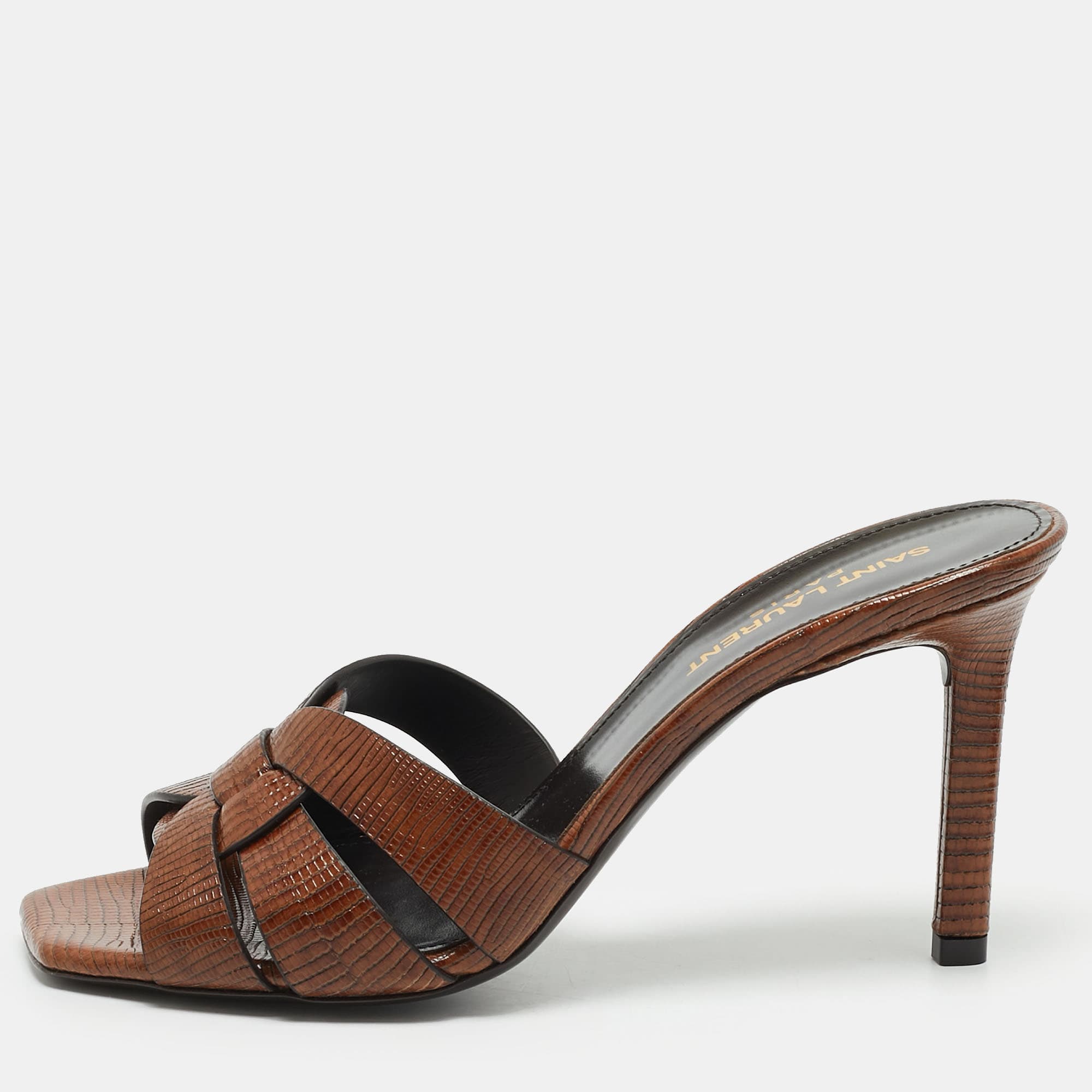 Saint Laurent Tribute Size 37 Brown Lizard Embossed Leather Slide Sandals