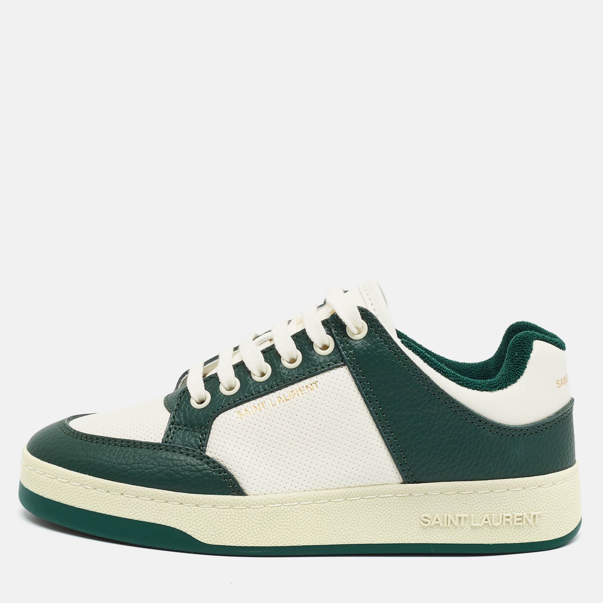 Saint Laurent SL/61 Size 37 White/Green Perforated Leather Low Top Sneakers
