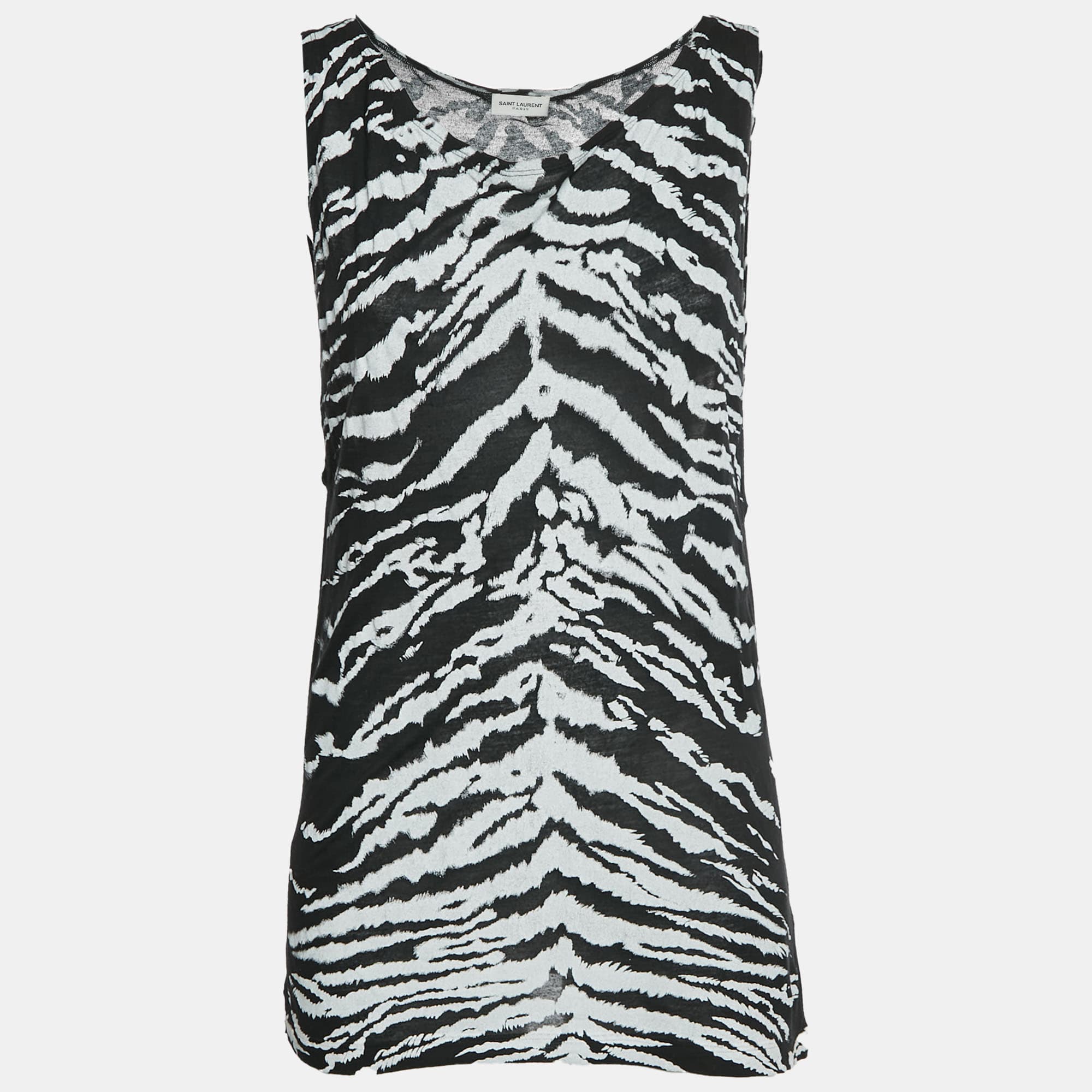 Saint Laurent Paris Black/White Leopard Print Jersey Tank Top M