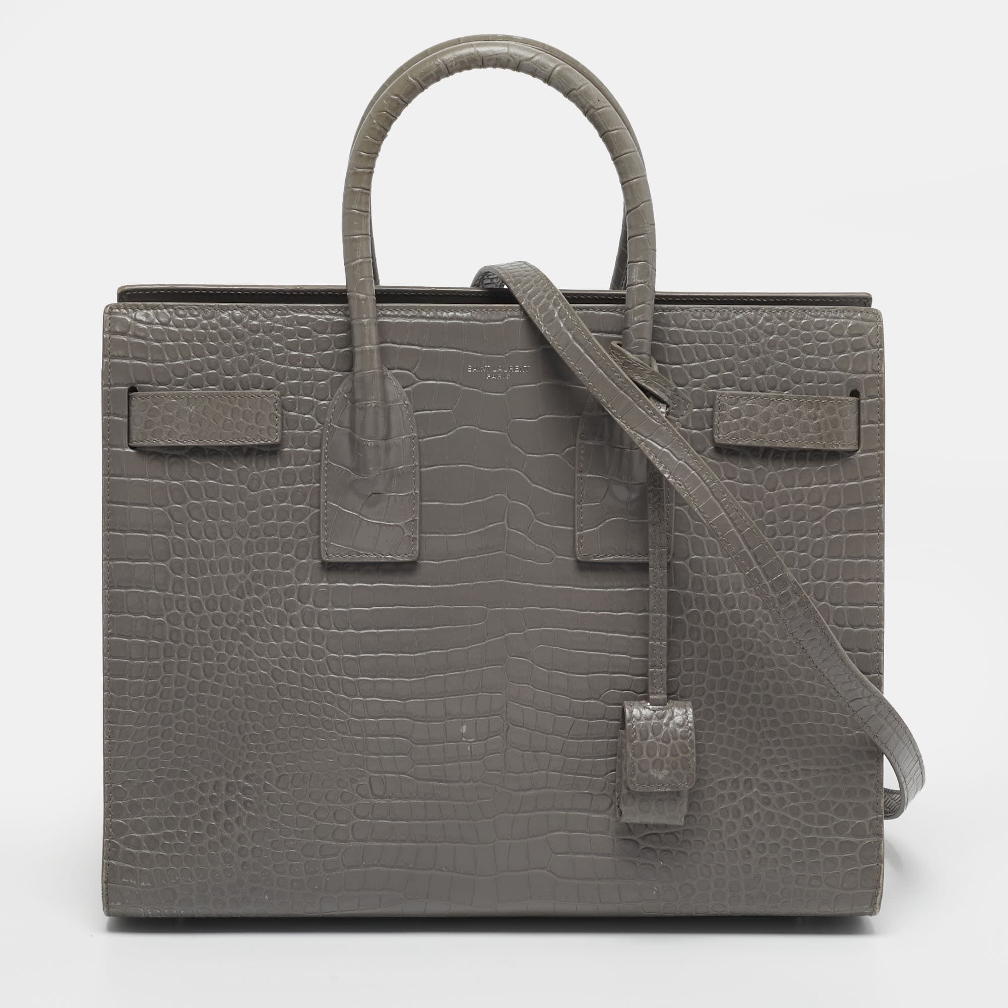 Saint Laurent Classic Sac De Jour Small Grey Croc Embossed Leather Tote